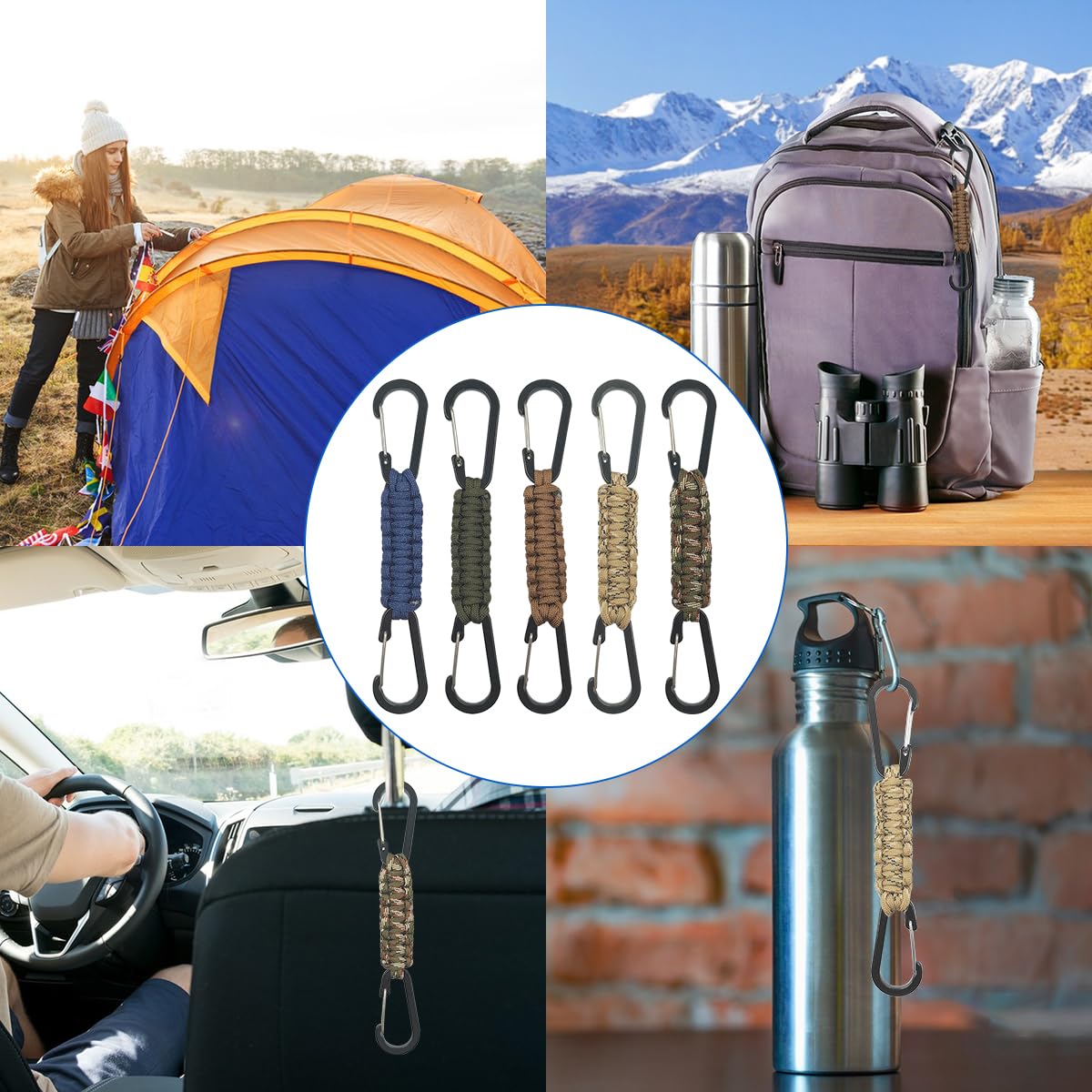 SENHAI 5 moschettoni intrecciati in paracord, a doppia testa, per esterni, per appendere chiavi o bottiglie d'acqua, zaini, campeggio, escursionismo