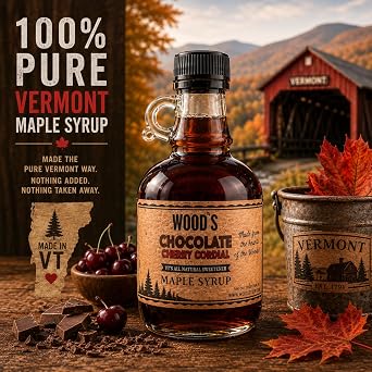 WOOD'S Chocolate Cherry Cordial Infused Maple Syrup Decadent Vermont Maple Syrup with Dark Cocoa & Succulent Cherries | Small-Batch, All-Natural, Vegan-Friendly Syrup for Breakfast, Desserts & Cocktails | 8.45 Fl Oz
