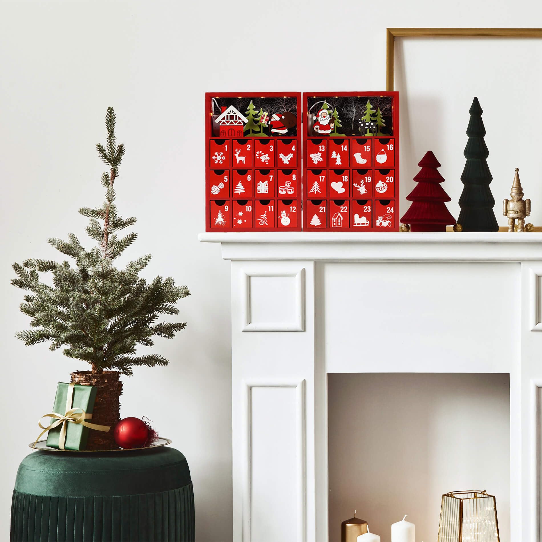 Rebecca Mobili Befüllbarer Adventskalender mit Schubladen und Lichtern, Holz, Rot, Wiederverwendbar, Weihnachtsgeschenkideen - Abmessungen HxBxT: 31 x 42 x 4,5 cm - Art. RE6891