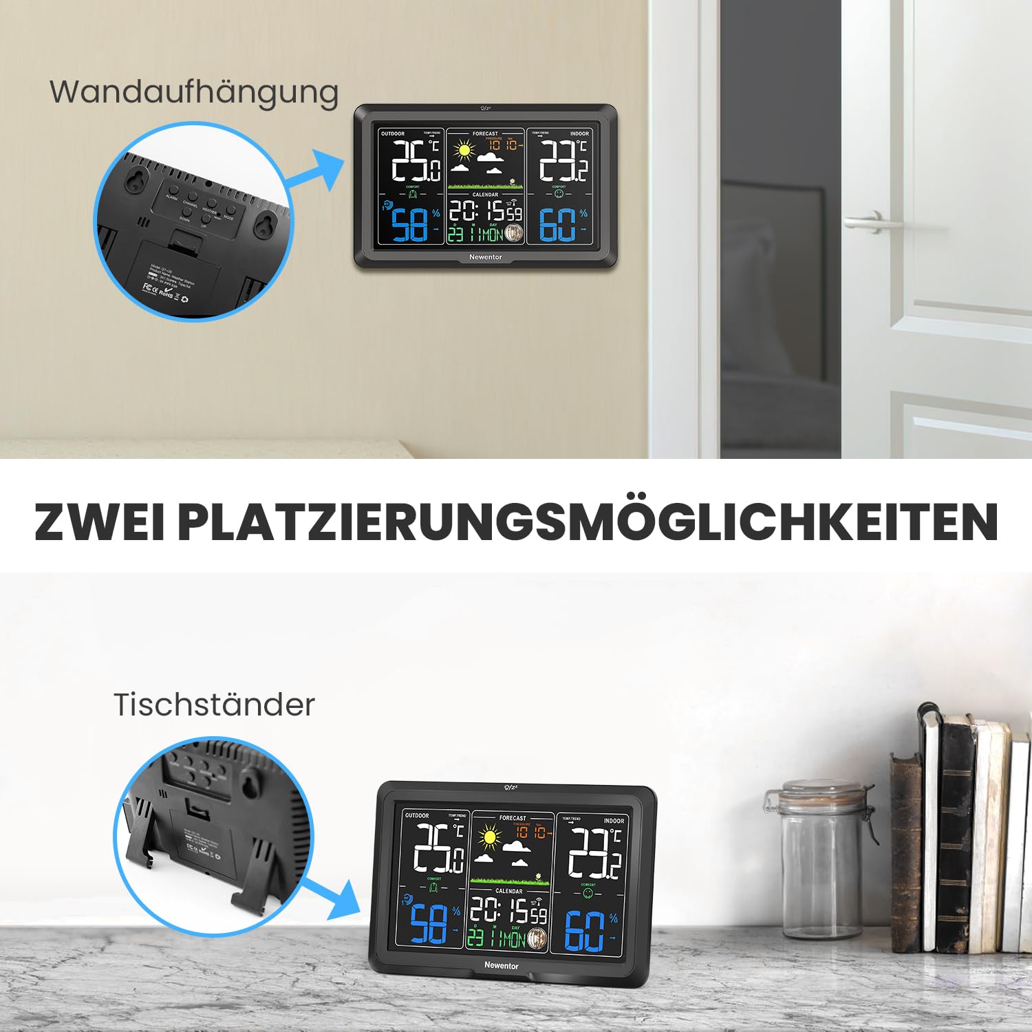 Newentor Wetterstation Funk mit Außensensor - Lebenslange Außensensor-Garantee - Lebendiges VA-Display für 330°Ablesbarkeit - Dauerhafte Beleuchtung, Schwarz