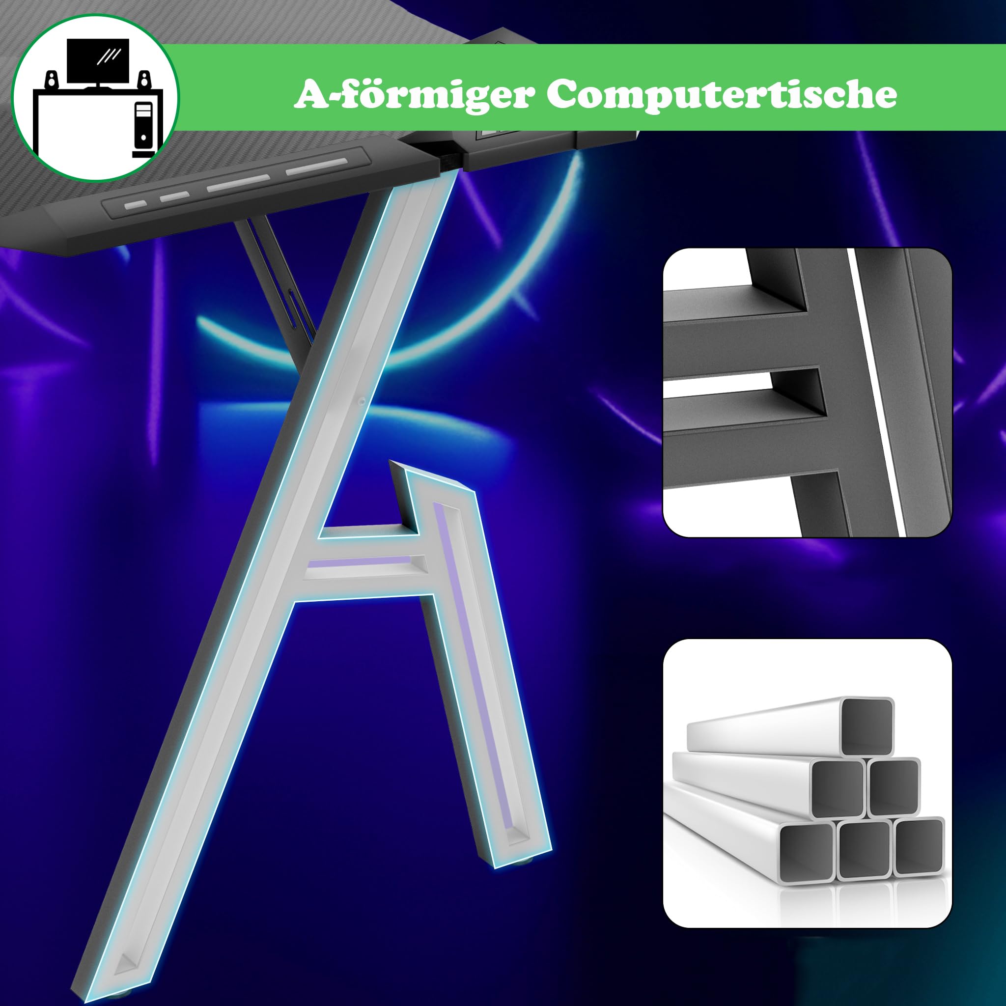 SUBTLETY 120 x 60 cm PC gaming tafel gamer computertafel ergonomische gamingtafel koolstofvezelplaat kantoortafels met draadgat, bekerhouder en hoofdtelefoonaansluiting, vrijstaande bureaus