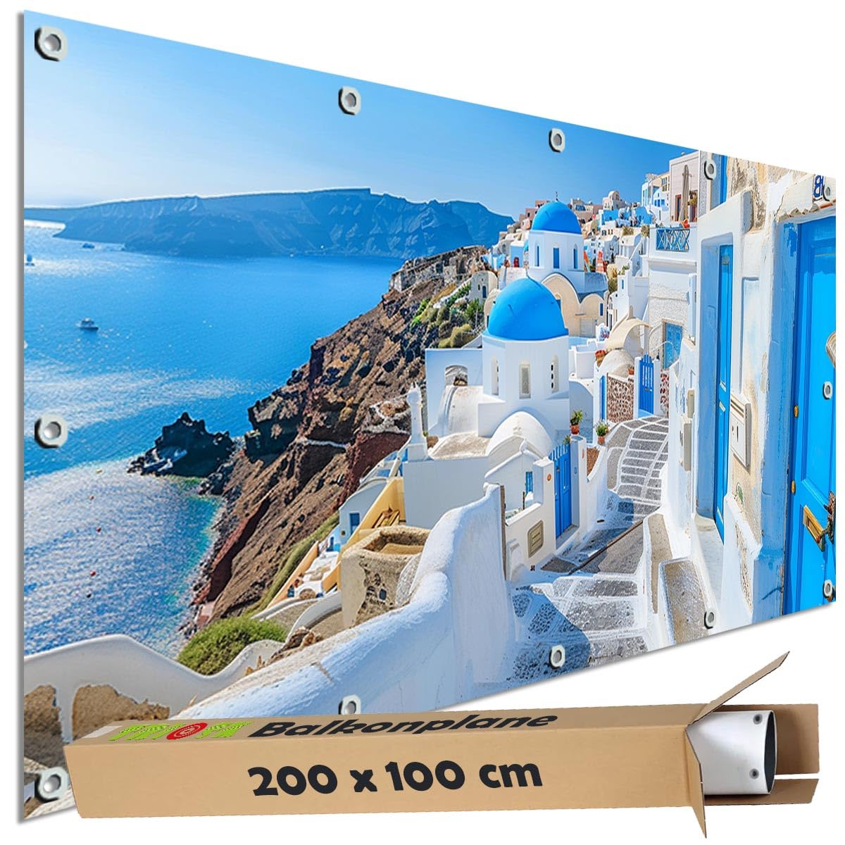 TRIOSK Sichtschutz Balkon Deko Plane Balkonblende Blickdicht mit Motiv Küstenweg Santorini Griechenland für Garten Terrasse Gartenzaun Balkonverkleidung Blickschutz PVC groß 200x100 cm