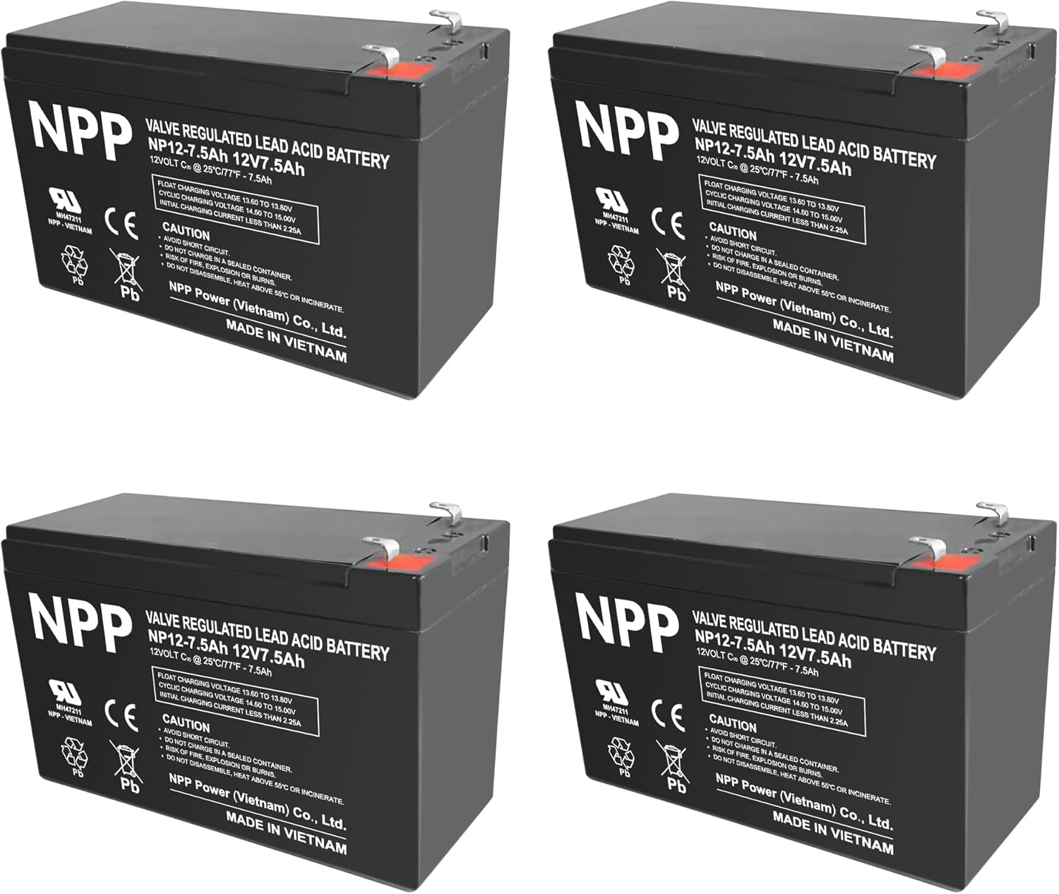 NPP NP12-7.5Ah (F1, 4 Pcs) 12V 7.5Ah Rechargeable Sealed Lead Acid Battery for Transportable Fish Finder, Small UPS, Photo voltaic Energy, IOT, Children Automotive, and Out of doors Camper with F1 Terminal