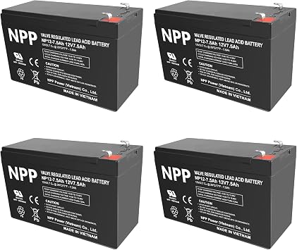 NPP NP12-7.5Ah F1, 4 Pcs 12V 7.5Ah Rechargeable Sealed Lead Acid Battery for Portable Fish Finder, Small UPS, Solar Power, IOT, Kids Car, and Outdoor Camper with F1 Terminal