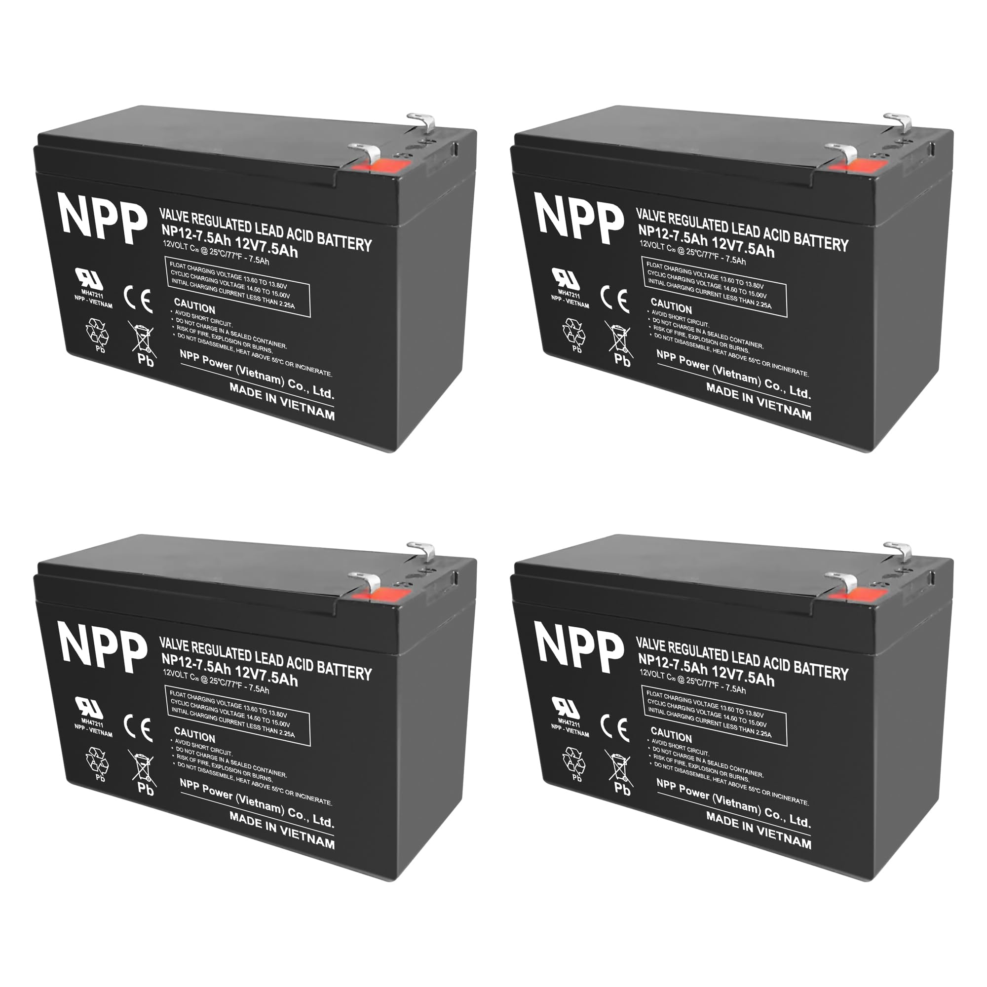NPP NP12-7.5Ah (F1, 4 Pcs) 12V 7.5Ah Rechargeable Sealed Lead Acid Battery for Portable Fish Finder, Small UPS, Solar Power, IOT, Kids Car, and Outdoor Camper with F1 Terminal