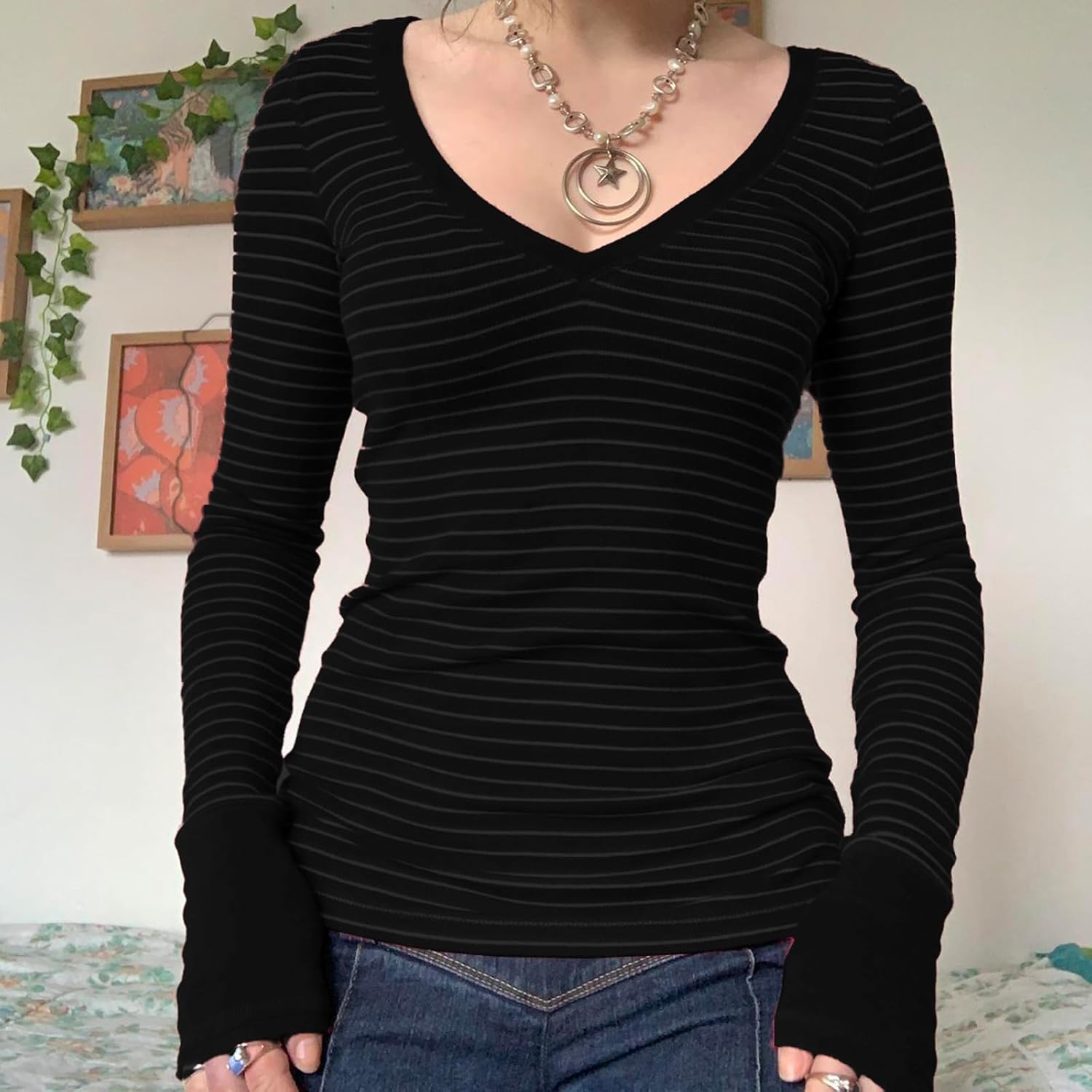 Women Y2k Fairy Grunge Knit Shirt V Neck Long Sleeve Striped Sweater Tops Fall Vintage Harajuku Streetwear - Image 2