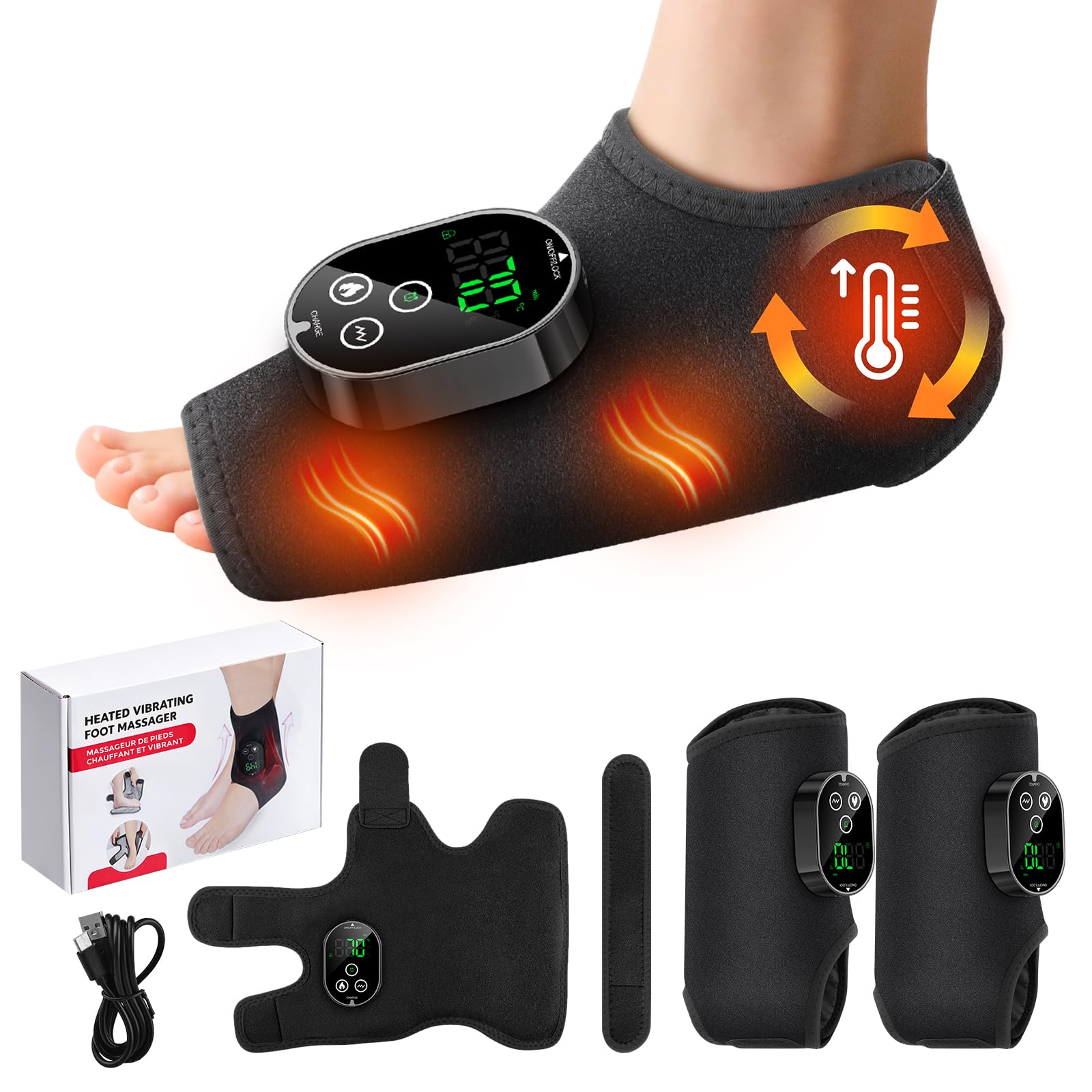 Masajeador de Pies 3 en 1 Inalámbrico, Masajeador eléctrico con 3 Modos, 6 Niveles de Calor Ajustable, Temporizador de 3 Tiempos, Incluye Banda de Extensión, para Tobillo, Talón, Planta y Empeine