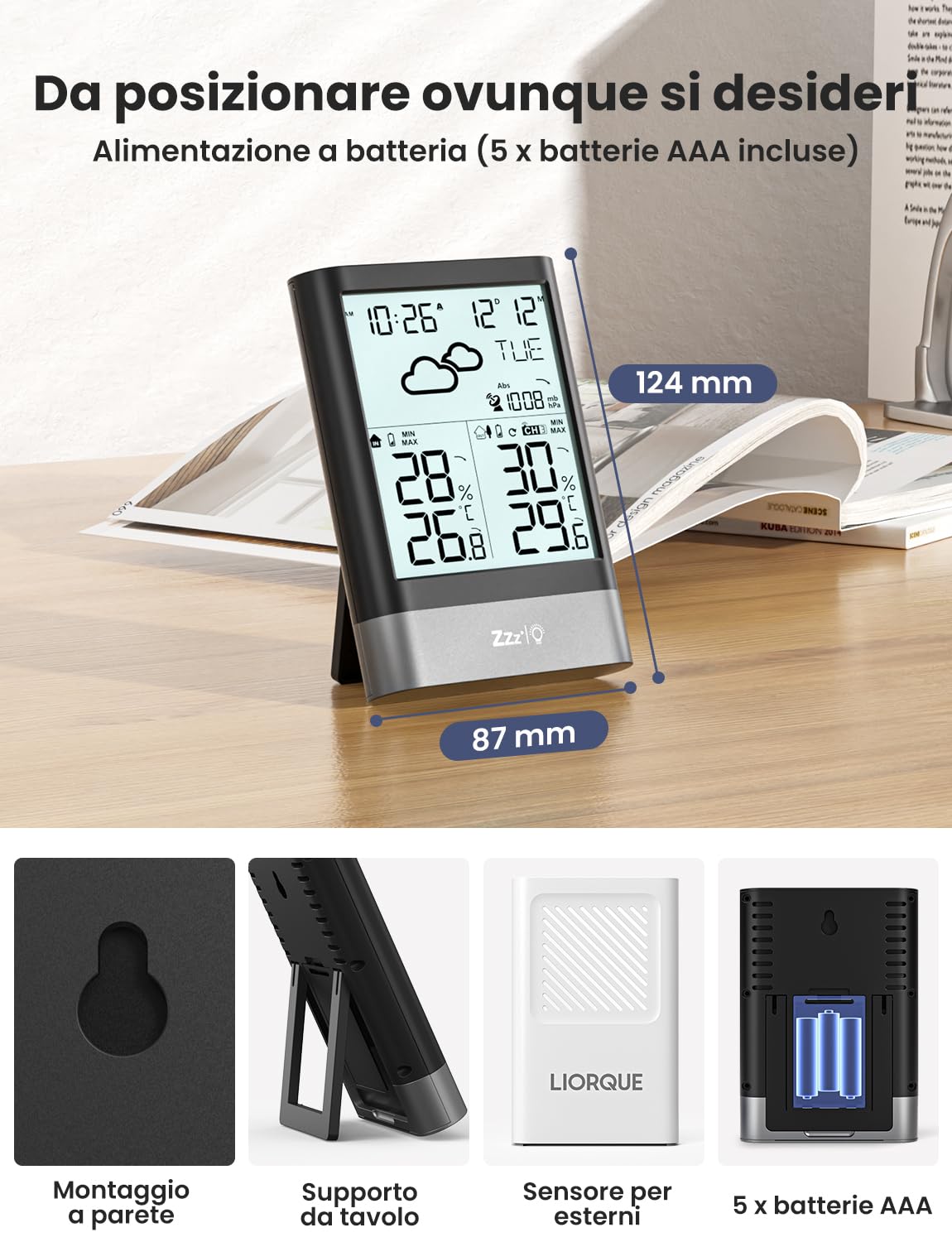 LIORQUE Stazione Meteo Con Sensore Esterno, Stazione Meteorologica Wireless Con RCC, Previsioni Del Tempo, Sveglia, Data, Temperatura,Umidità, Retroilluminazione Regolabile, Nero (Batteria Inclusa)