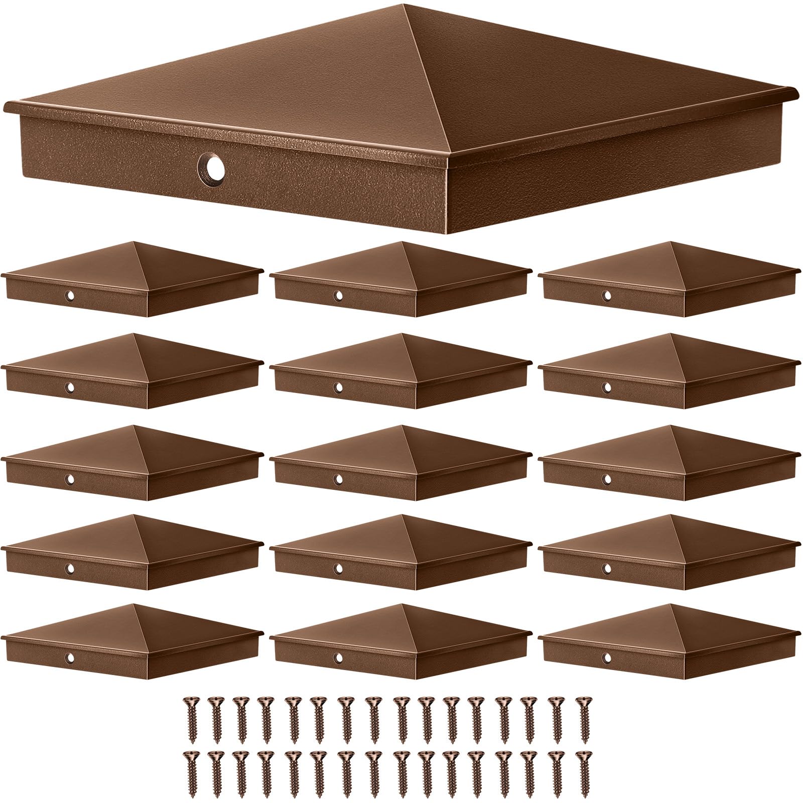Photo 1 of Dunzy 16 Pcs 6 x 6 Post Caps Aluminum Pyramid Decorative Fence Post Covers Works Only for Actual 5.5 x 5.5'' Wood Square Metal with Screws for Corridors Decks Mailbox Pole(Brown)