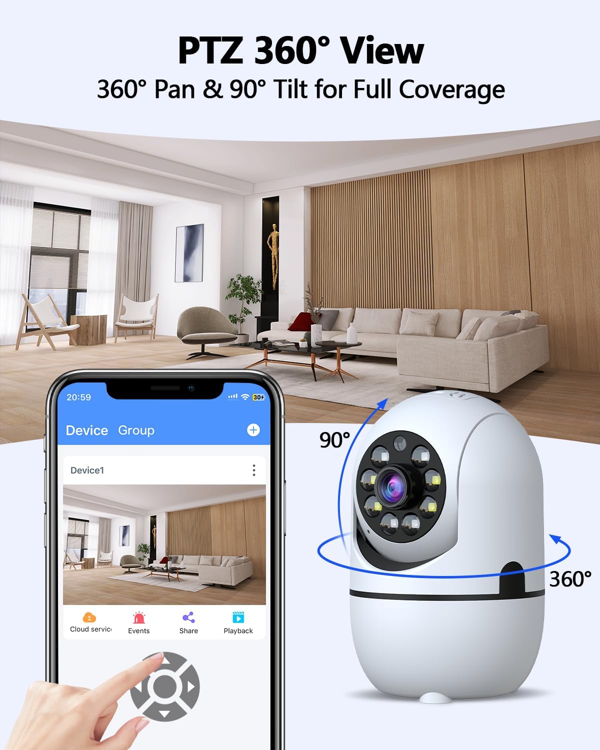 WEILAILIFE 2K Indoor WiFi Security Camera showing 360 degree pan and 90 degree tilt functionality via app