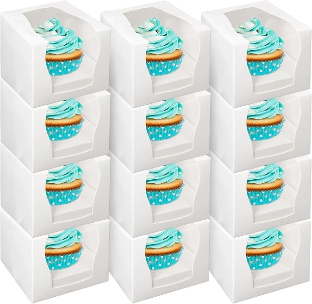 12pk White Cupcake Boxes Single | 9x9x9cm Single Cupcake Boxes With Window For Any Occasions | Single Cupcake Box Individual Cupcake Boxes Individual For Kids Party, Cupcakes Box Cupcakes Boxes
