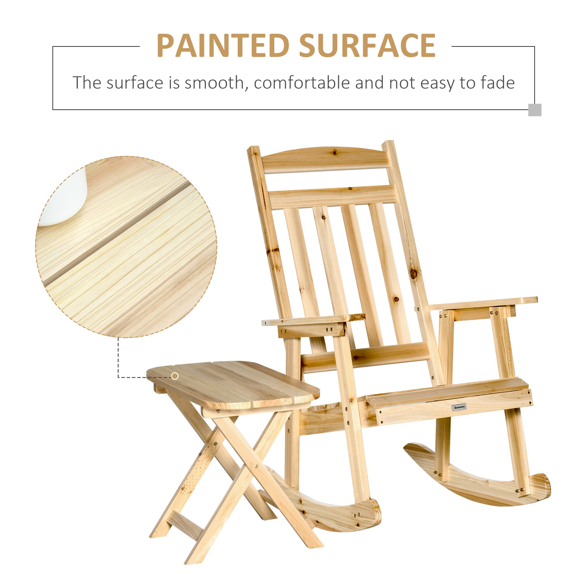 Outsunny - Conjunto de jardín (2 piezas, estilo acogedor), diseño de silla mecedora + mesa auxiliar plegable, madera de abeto, macizo,
