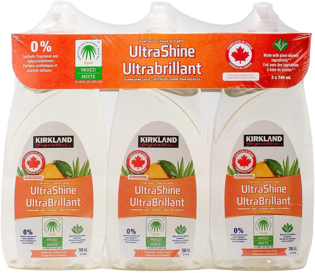 Kirkland Signature UltraShine Plantbased Dishwashing Liquid, Formulated in Canada, Clementine