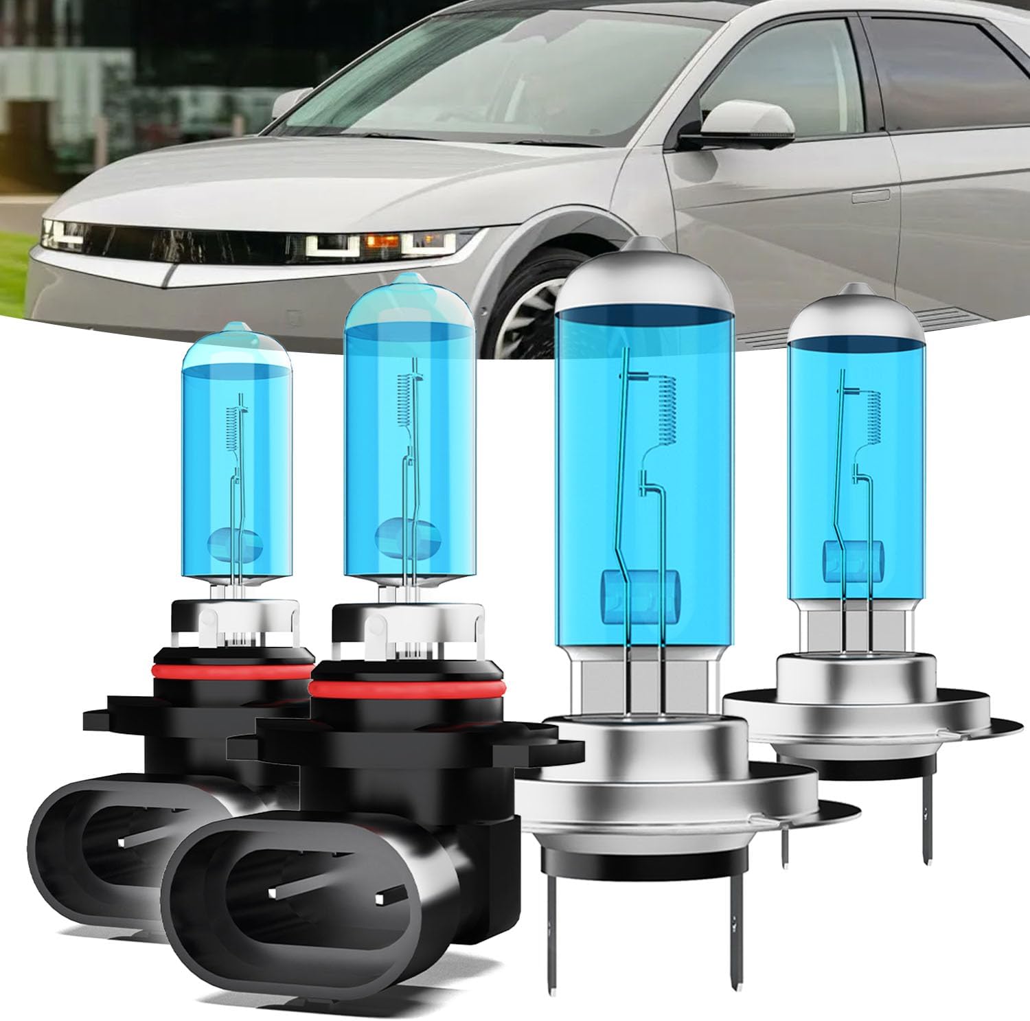 Halogen Headlights Fit for Hyundai Ioniq 2017-2022 Headlight Bulbs,9005/HB3/H10 High Beams+ H7 Low Beams Bright Front Lights,Plug And Play,Pack of 4