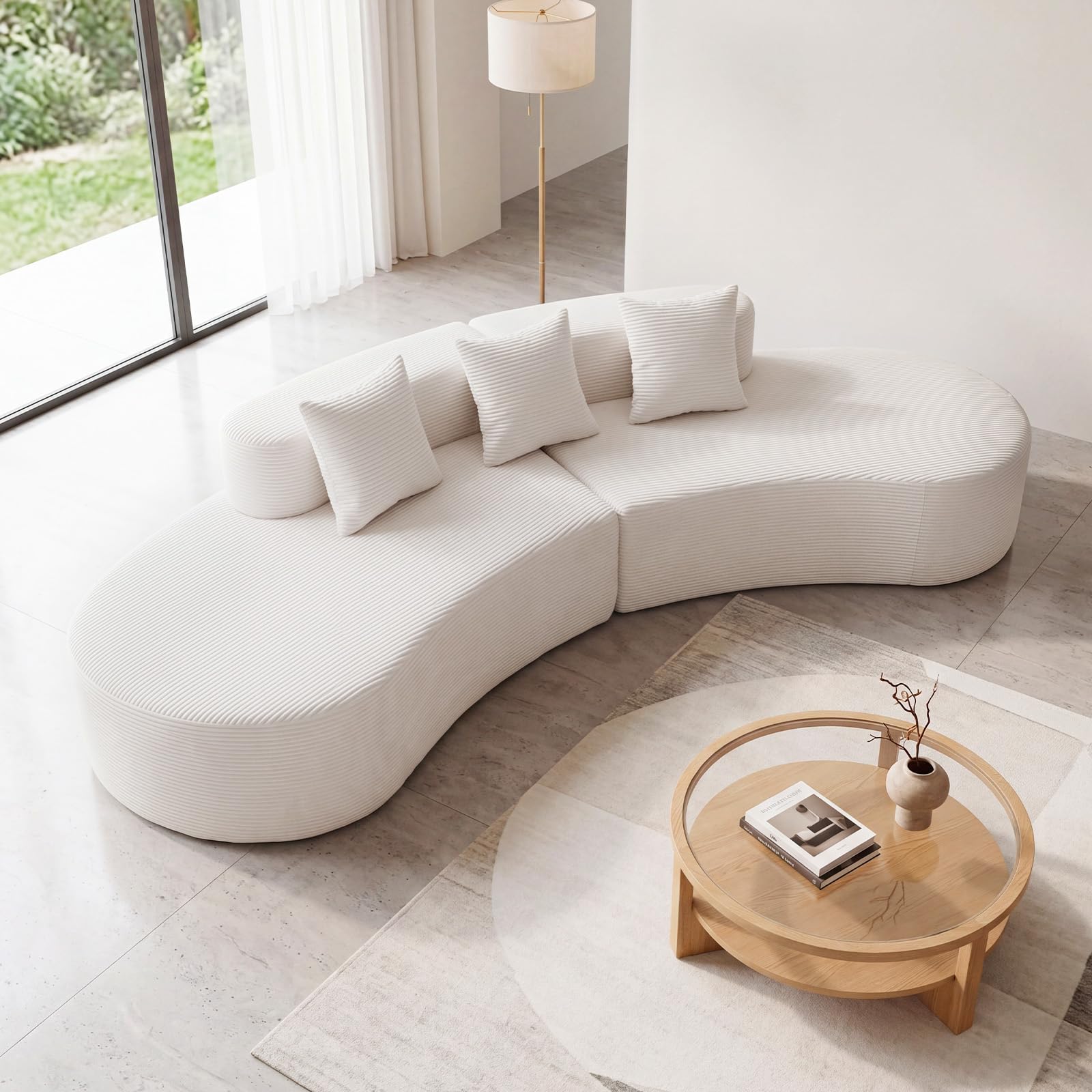 COSTWAY Divano Modulare 5 Posti, Divano Curvo in Velluto a Costa con 3 Cuscini e Schiuma ad Alta Elasticità, Divanetto da Pavimento Imbottito per Soggiorno e Camera da Letto, 305,5 x 132 x 63 cm