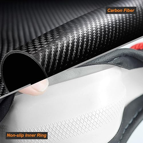 Miniatura 4 de Labbyway - Funda universal de cuero de fibra de carbono para volante de 15 pulgadas, transpirable, antideslizante, cálida en invierno y fresca en