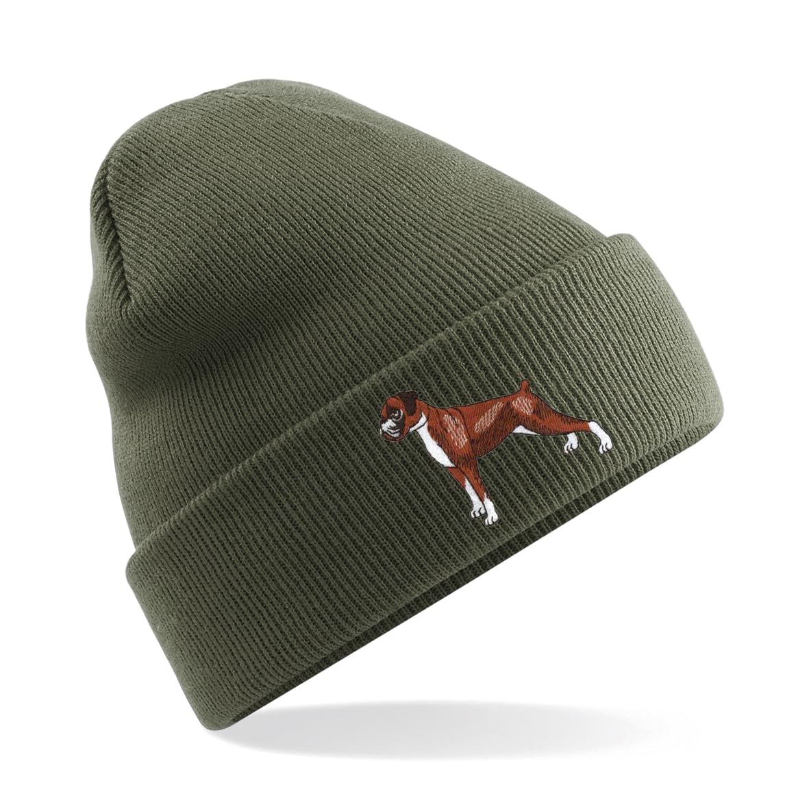 PSave Boxer Dog Premium Embroidered Beanie Hat, Bob Hat Embroidery Dog Lover Beanies (Acrylic, Olive)