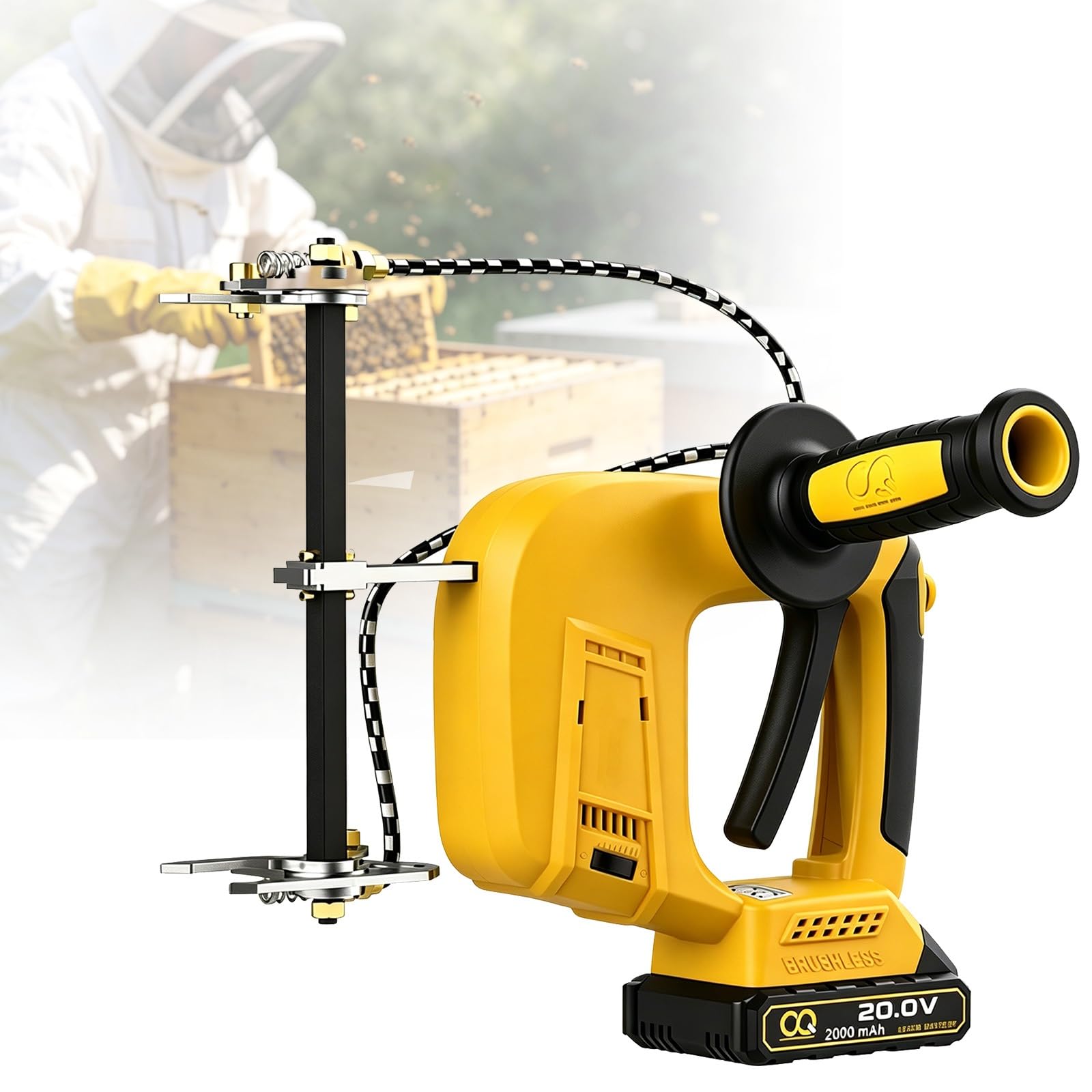 Attrezzatura per La Scuotitura Di Arnie, Scuotifavo Senza Fili a Doppia Impugnatura, Per Apicoltura, 600-2000 Bpm, 9 Frequenze Variabili, Morsetto Dentellato Da 25-30 Mm(Yellow,1*Battery)