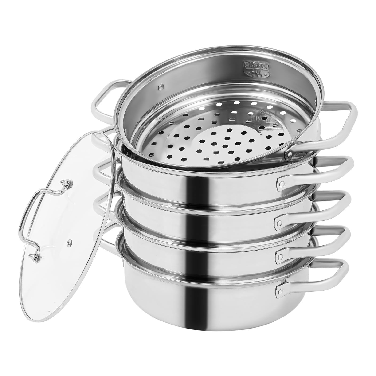 Fornello a vapore a 5 ripiani, pentola a vapore in acciaio inox con coperchio in vetro, pentola a pressione, per fornelli a gas, a induzione, fornelli elettrici (argento 28 cm)