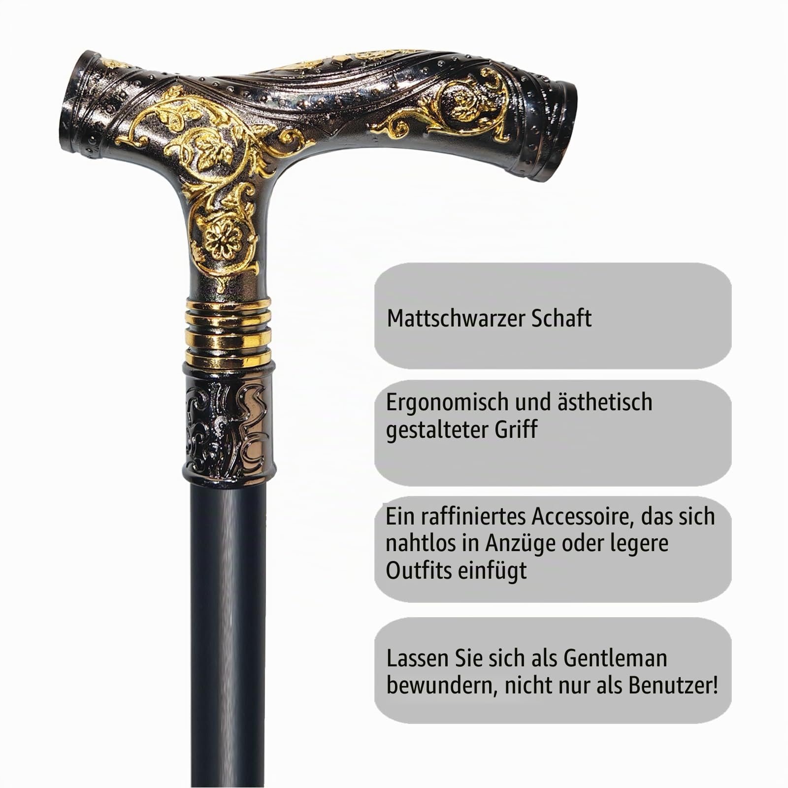 Gehstock für Damen und Herren – 92,7 cm, strapazierfähig, 150 kg Kapazität, ergonomischer Griff, dekoratives und kunstvolles Design, Gothic- und Gothic-Stil, elegant, mattes Schwarz und Gold