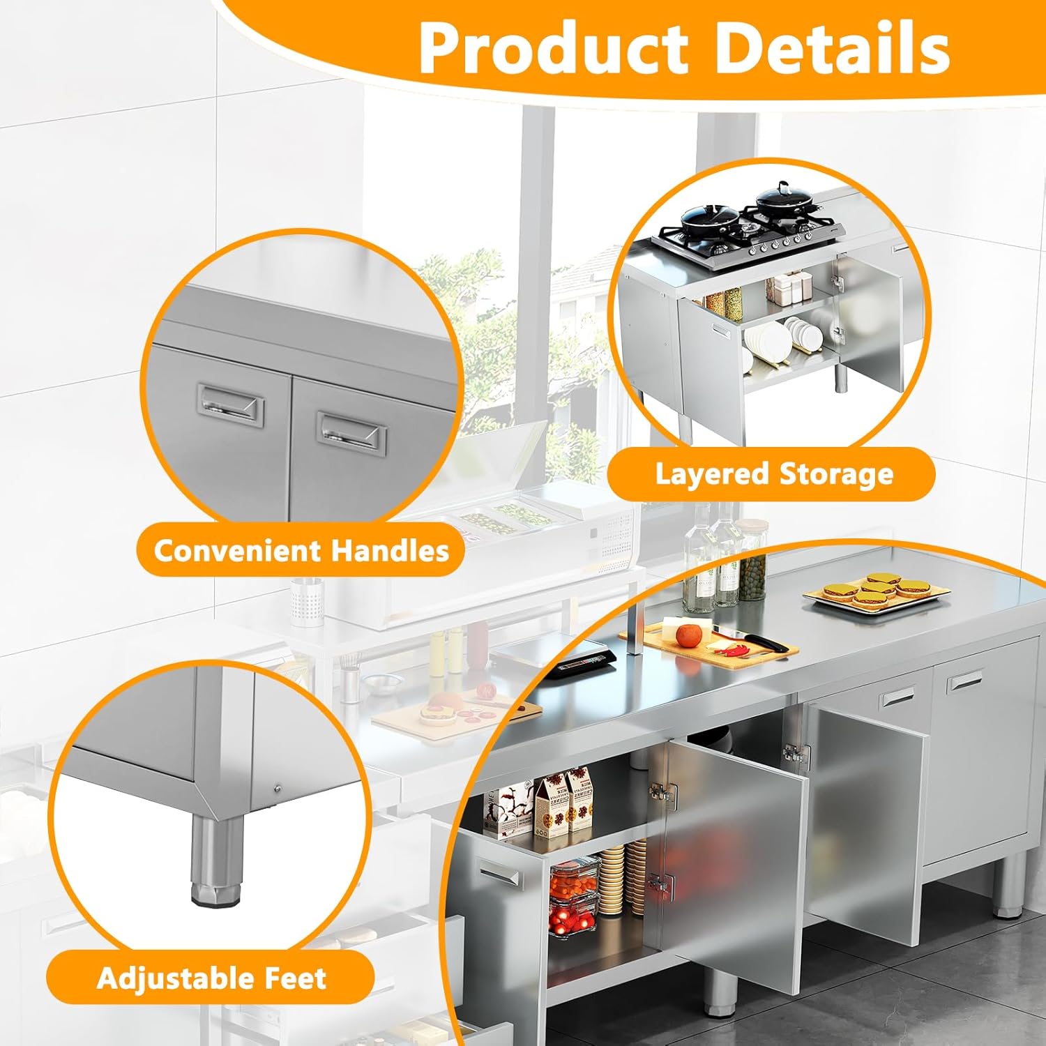 WWK 70" x 21" Stainless Steel Table with Cabinet, Commercial Kitchen Table for Prep & Work, Heavy Duty Work Cabinet with 5 Doors for Outdoor, Kitchen, Restaurant, Hotel, Garage and Cafe