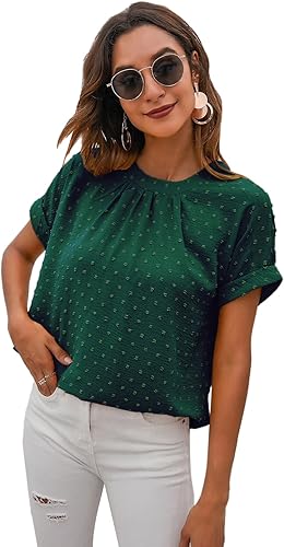 Milumia - Blusa casual para la oficina, top de plumeti con manga corta y volantes para mujer