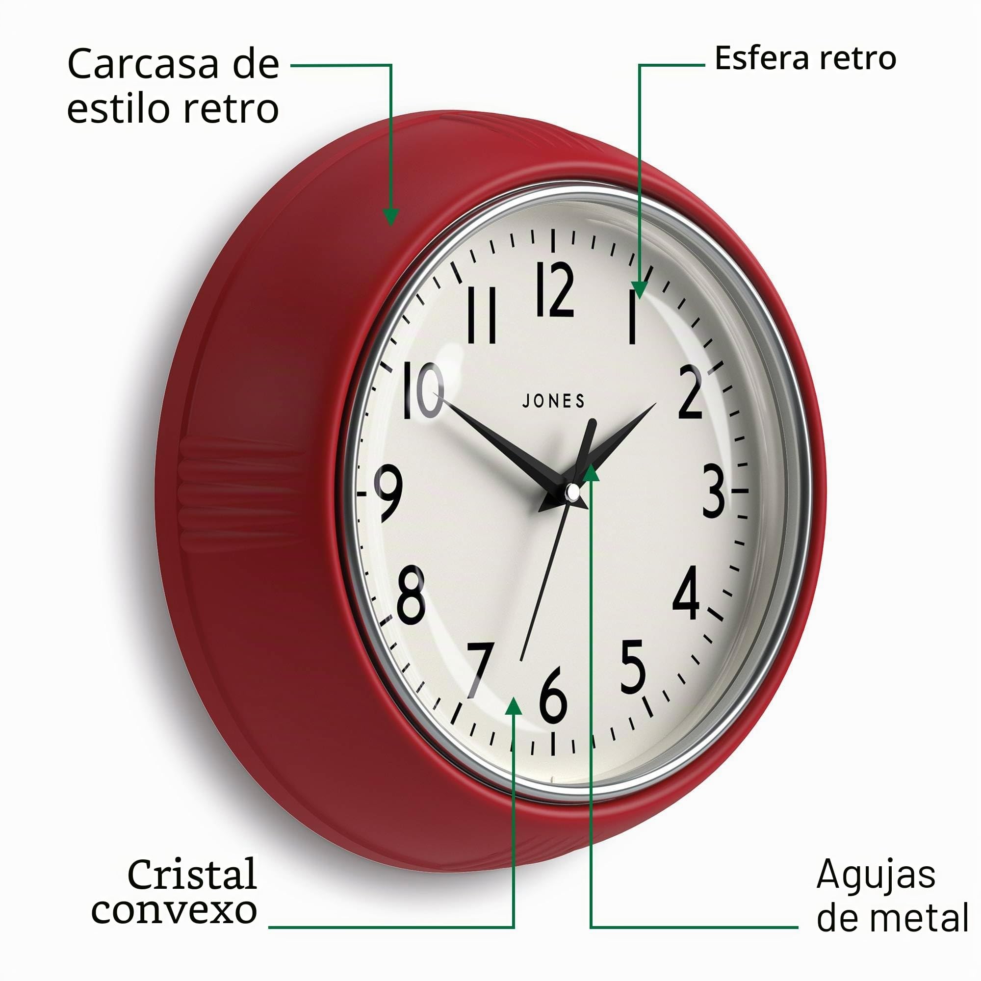 JONES CLOCKS® Ketchup Reloj de Pared | Reloj Retro Redondo de Diner | 25cm | Rojo | Ideal para la Cocina, el salón, la Oficina o el Dormitorio | Números fáciles de Leer