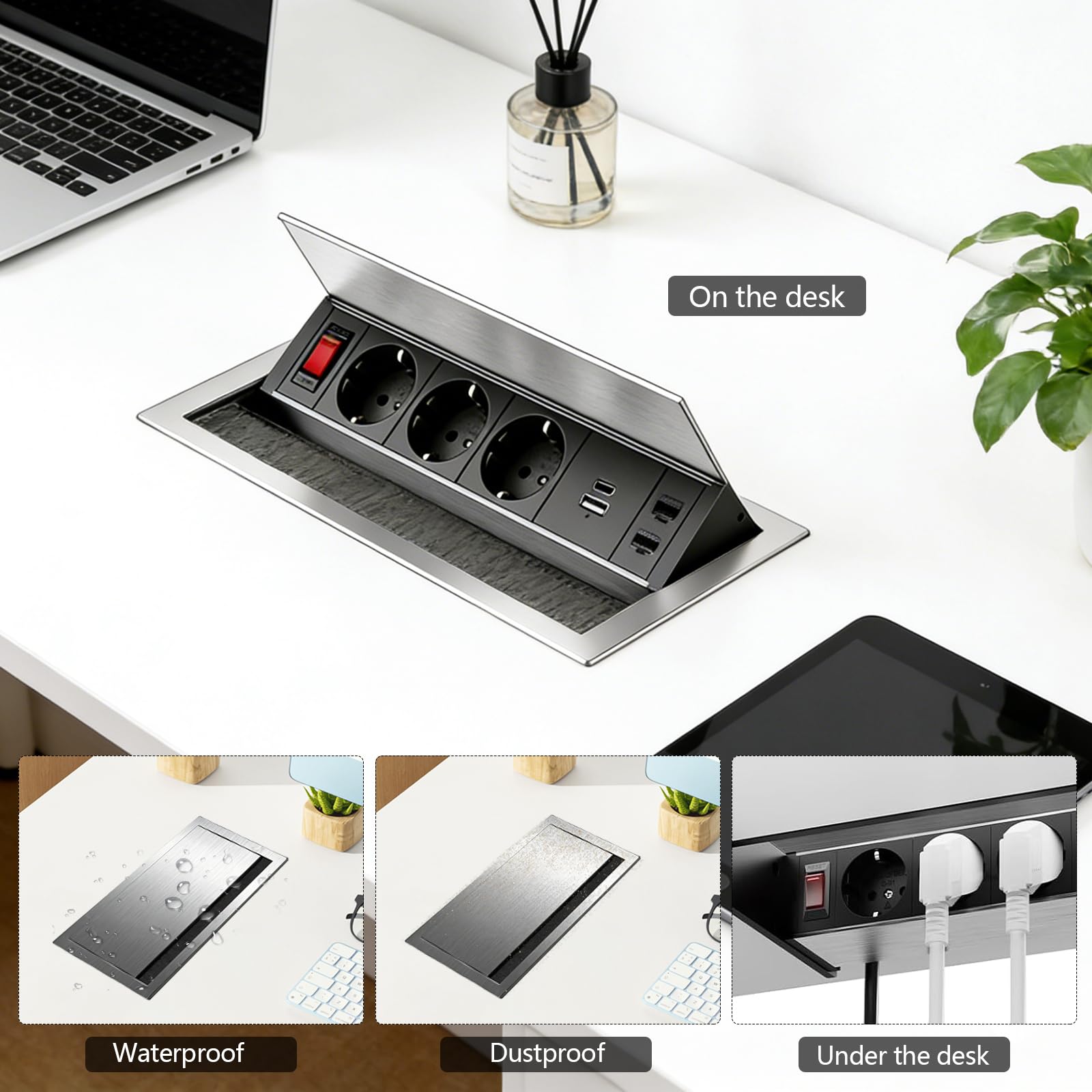 Enchufe Empotrable de Aluminio de 3 Enchufes con Tipo C, USB y 2 CAT6, Regleta Retráctil con Interruptor Ángulo Ajustable para Cocina, Escritorio y Oficina, Cable de 1,8M