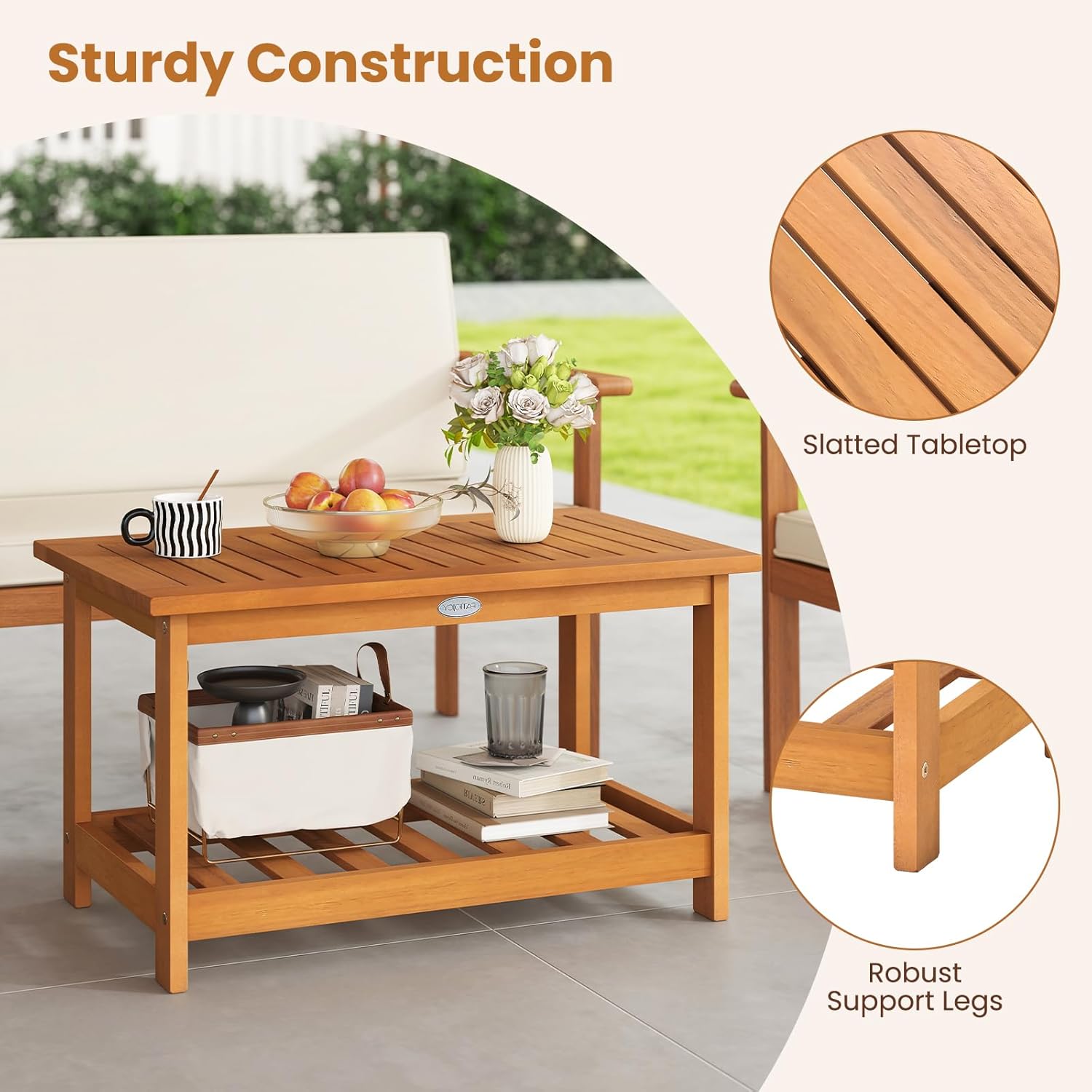 Tangkula Outdoor Acacia Wood Coffee Table, Patio 29.5” Rectangle Slatted 2 Tier Coffee Table with Storage Shelf, for Outside Balcony Patio Poolside