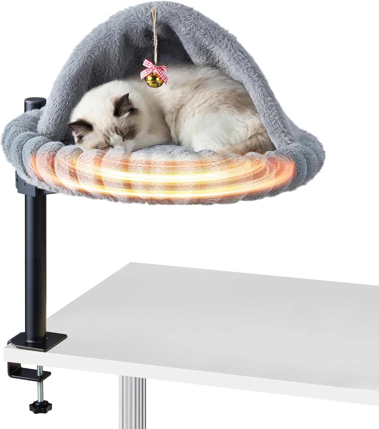 Cat Desk Bed with Self-Heating Pad – Desk Mounted Cat Bed Nest with Bell | Cozy Cat Hammock for Desk, Cat Bed for Desk Attachment & Furniture-Loving Cats