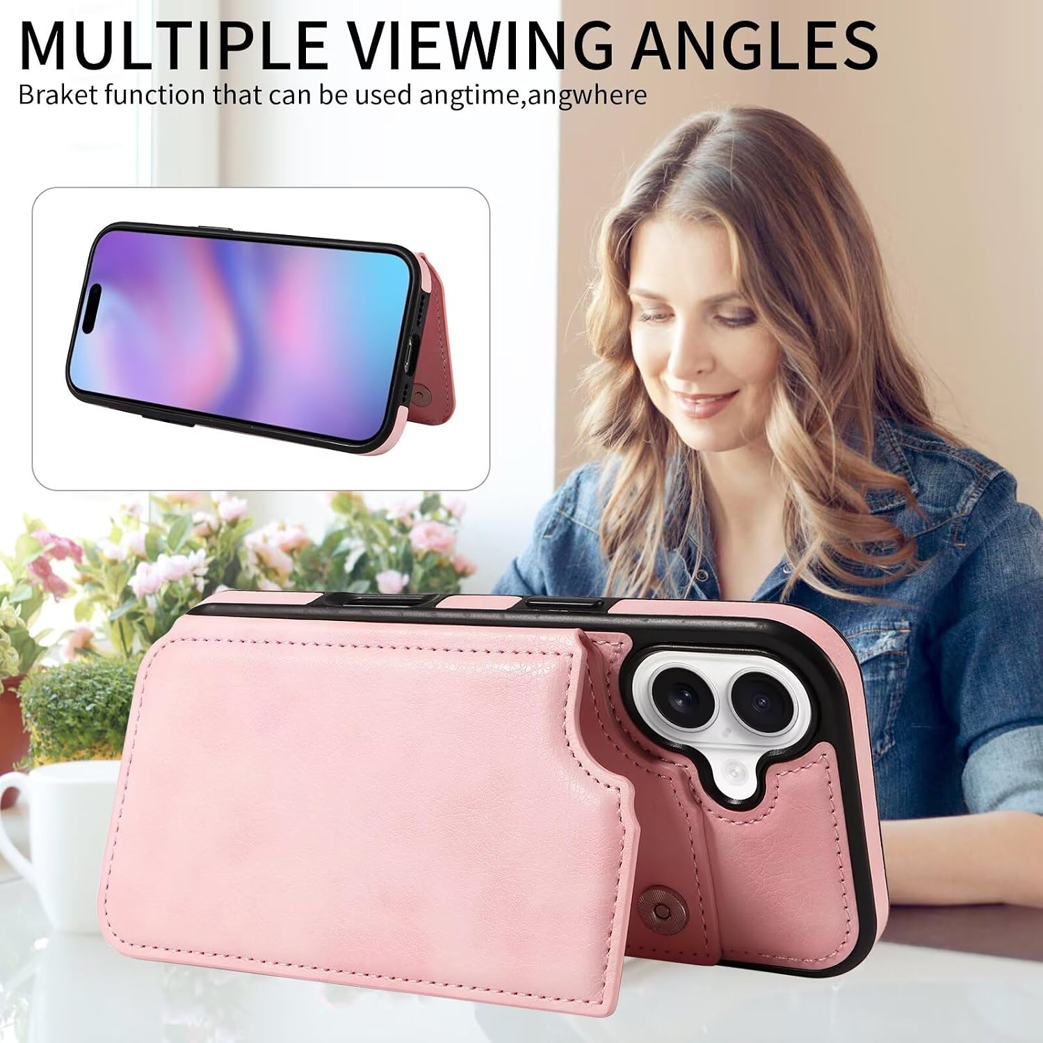 for iPhone 17 Wallet Case with Card Holder, Finger Ring Holder Kickstand PU Leather Magnetic Clousure Shockproof Phone Case Cover for Women and Men Pink