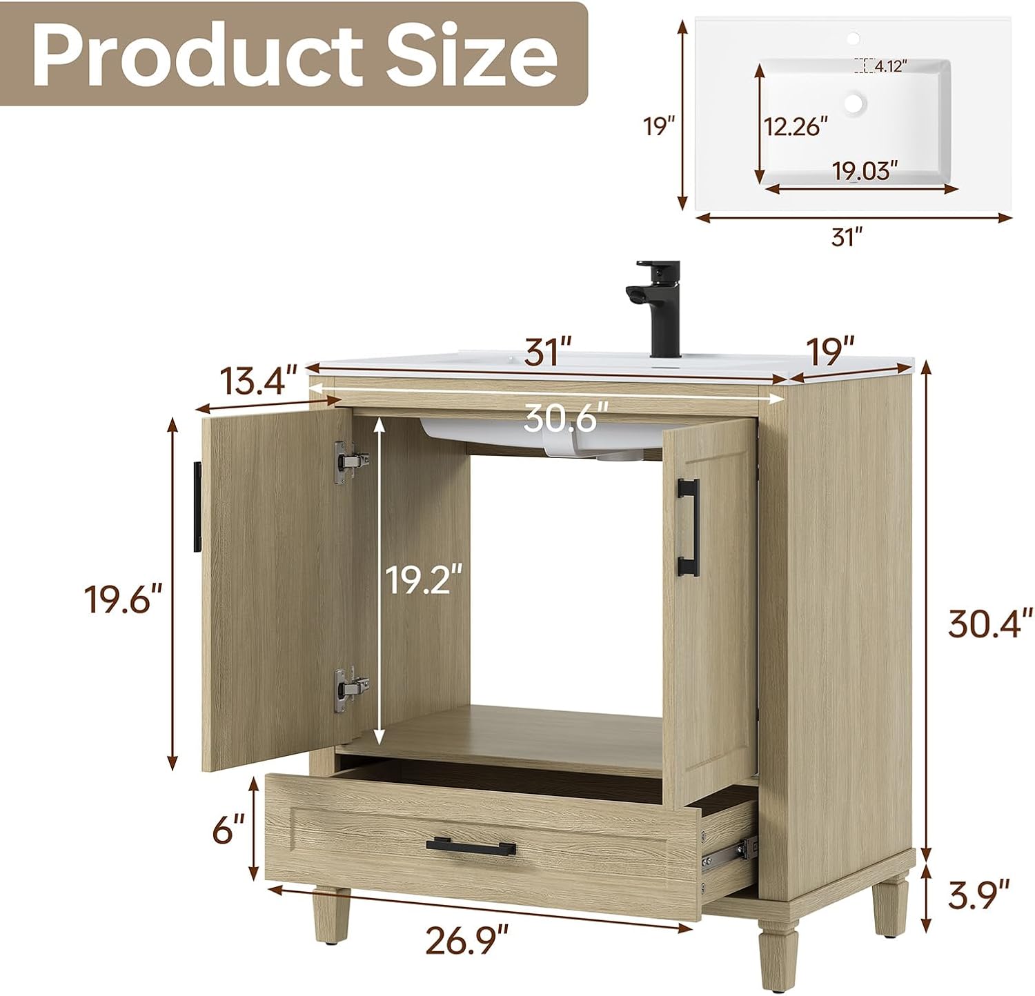 30 Inch Bathroom Vanity with Sink, Modern Bathroom Cabinet with Solid Composite Sink, Oak Vanity with Soft-Closing Drawers & Doors, Single Sink Vanity with Adjustable Feet