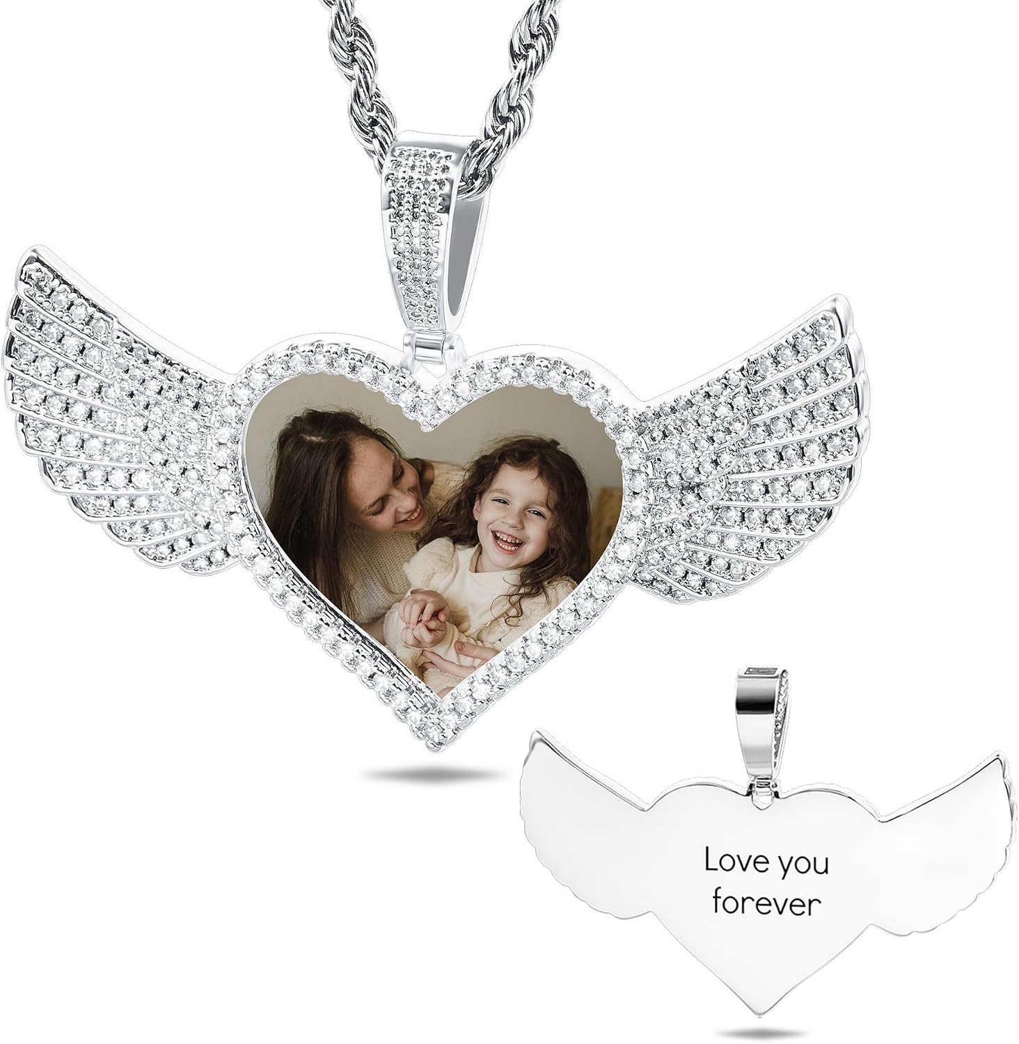 Custom Hip Hop Memory Picture Round/Heart Pendant Necklace for Men Women Personalized Photo Angel Wing Necklace with Engraved Text Iced Out Silver/Gold Pendant Necklace with 18-30 Inches Chain