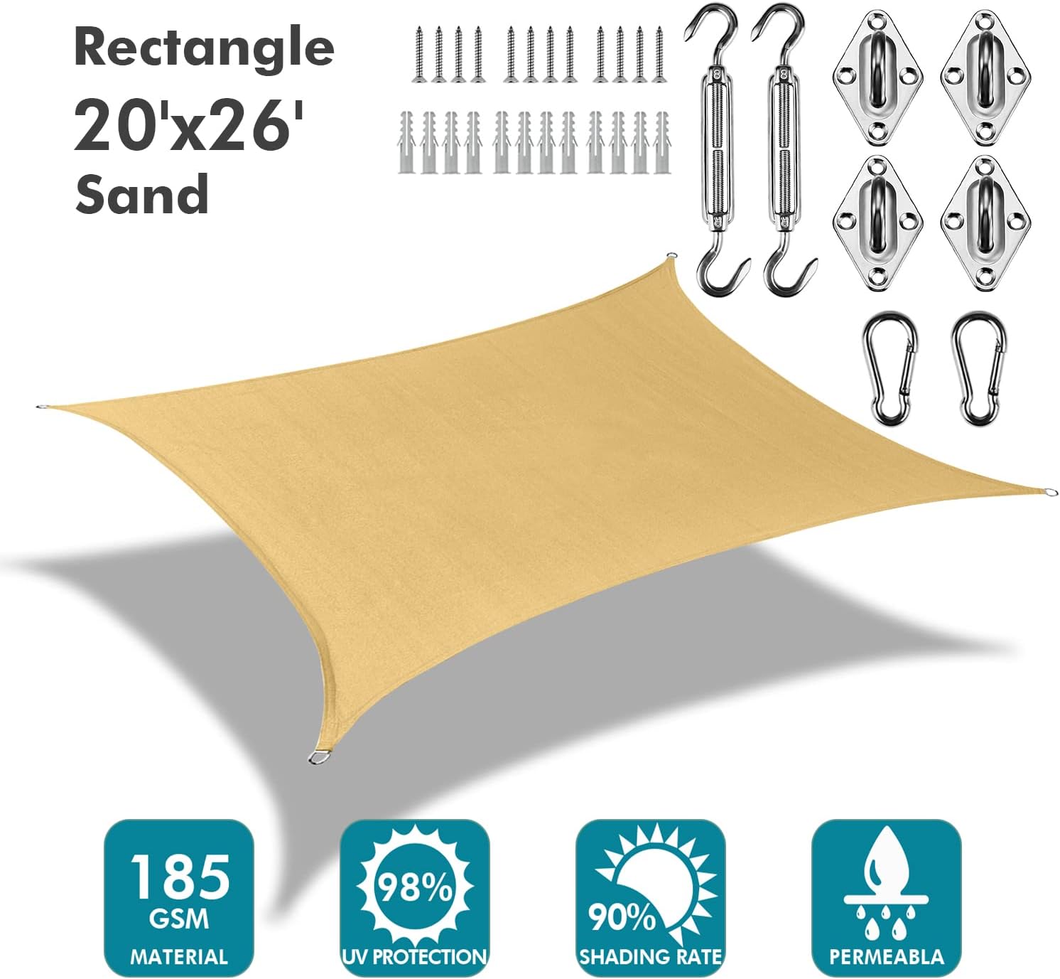 Kanagawa Sun Shade Sail 20'X26' Sand Oversize Rectangle UV Block Canopy Awning Shelter Fabric Cloth Screen with Shade Sail Hardware Kit for Outdoor Patio Garden Backyard