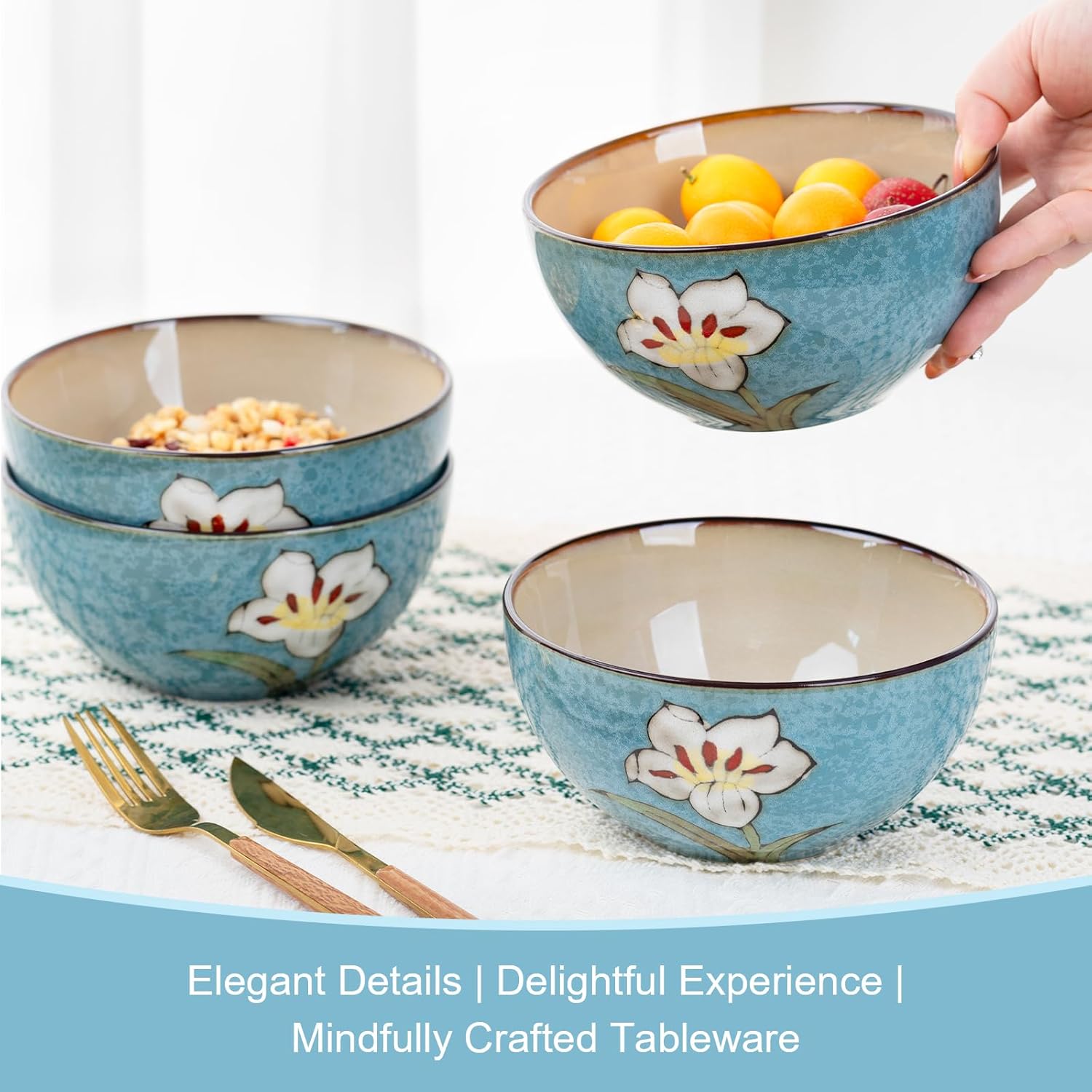 28oz Ceramic Bowls Set of 4 for Kitchen, 6 Inch Hand-painted Floral Serving Bowls, Dishwasher Microwave Oven Safe, for Salad, Pasta, Ramen, Rice & Dessert, Breakfast Lunch Dinner, Blue