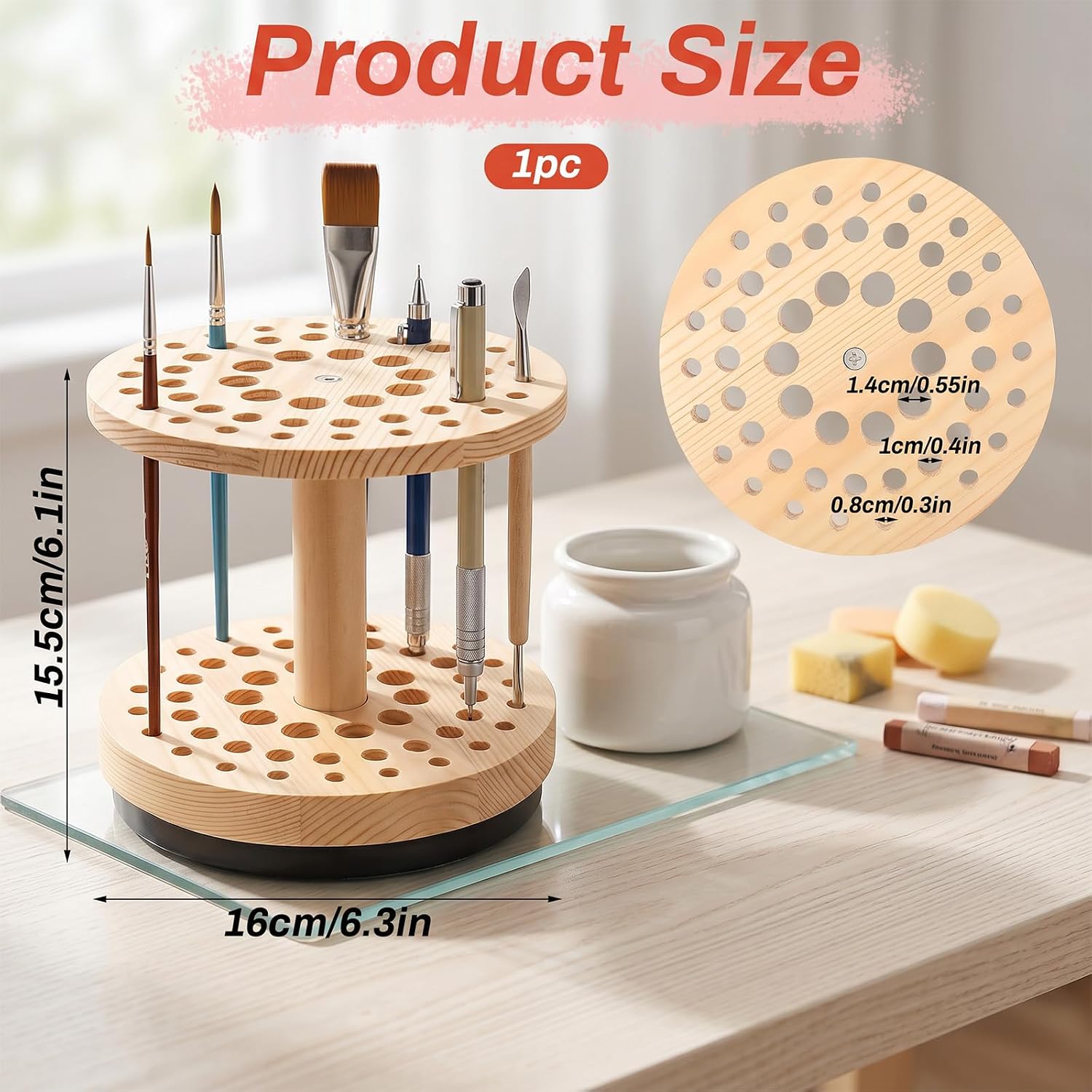 52 Holes 360° Rotating Hardwood Paint Brush Holder, Space-Saving Brush Organizer, Watercolor Brushes Holder Rotating Art Supply Organizer for Artists Brushes, Crafts Tools, Makeup Brushs