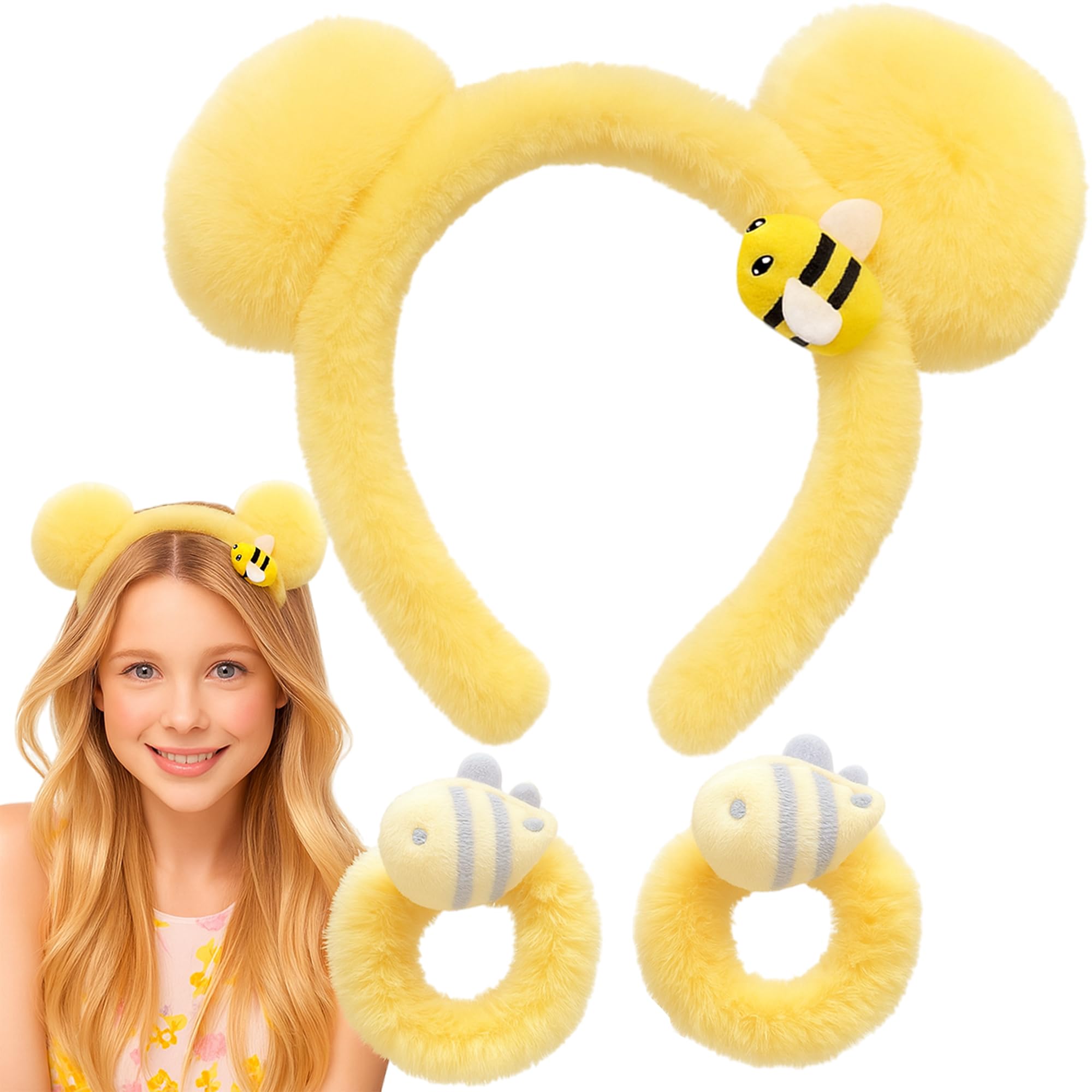 AEGYPIUS Yellow Bear Ears Headband, 3 Pcs Bear Headband with Scrunchie Hair Ties, Cute Bear Ears Headbands for Women