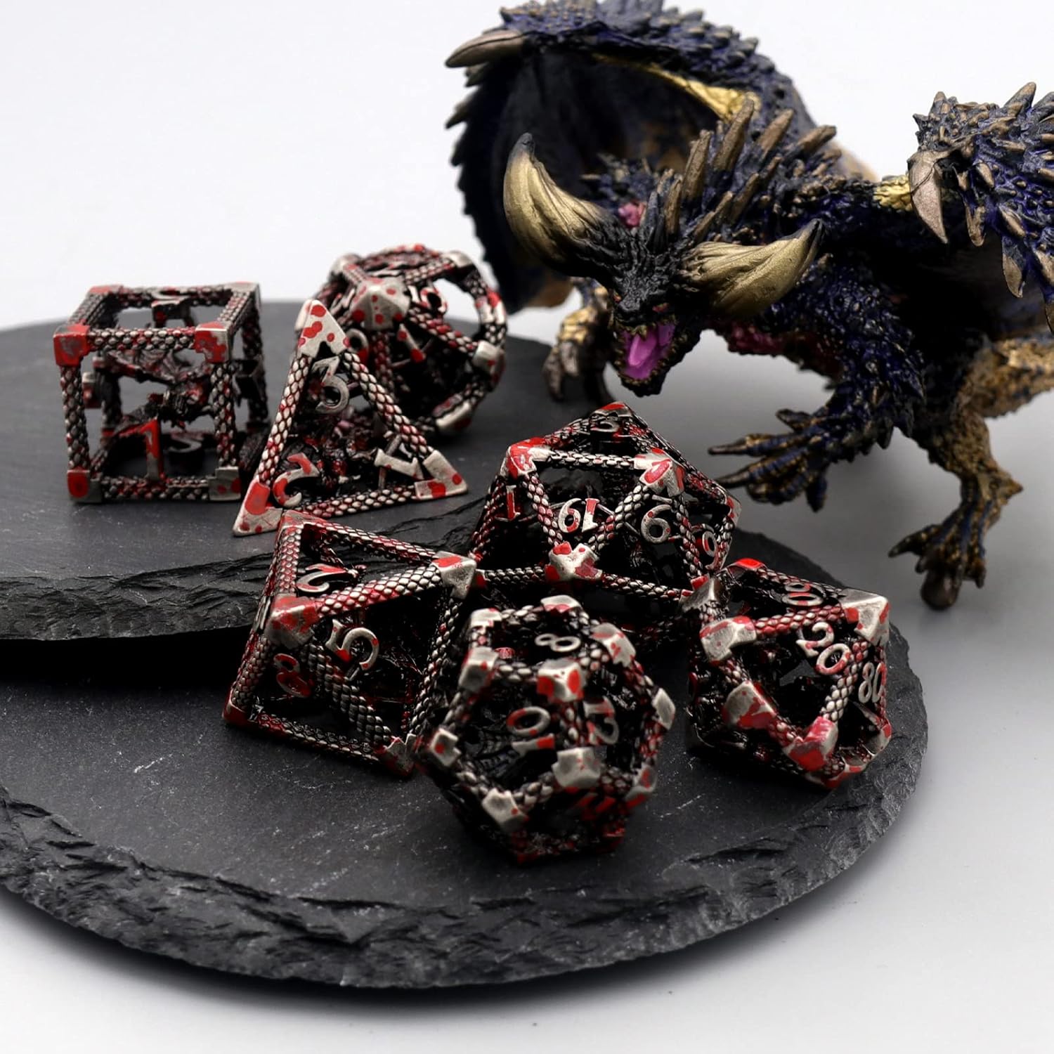 D&D Dice, Dungeons and Dragons Dice HNCCESG Metal Dice Set Polyhedral Hollow Role Playing for RPG MTG Table Board Games (Dragon Silver Blood Spot)