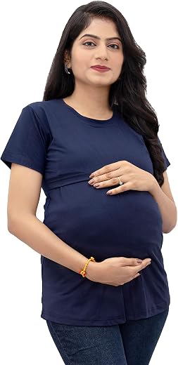 Zipless Maternity Tops for Women | 100% Cotton Round Neck Feeding T-Shirt for Easy Nursing & Breastfeeding | Half Sleeve T-Shirt for Pregnant Women | Maternity Top Wear for Mothers