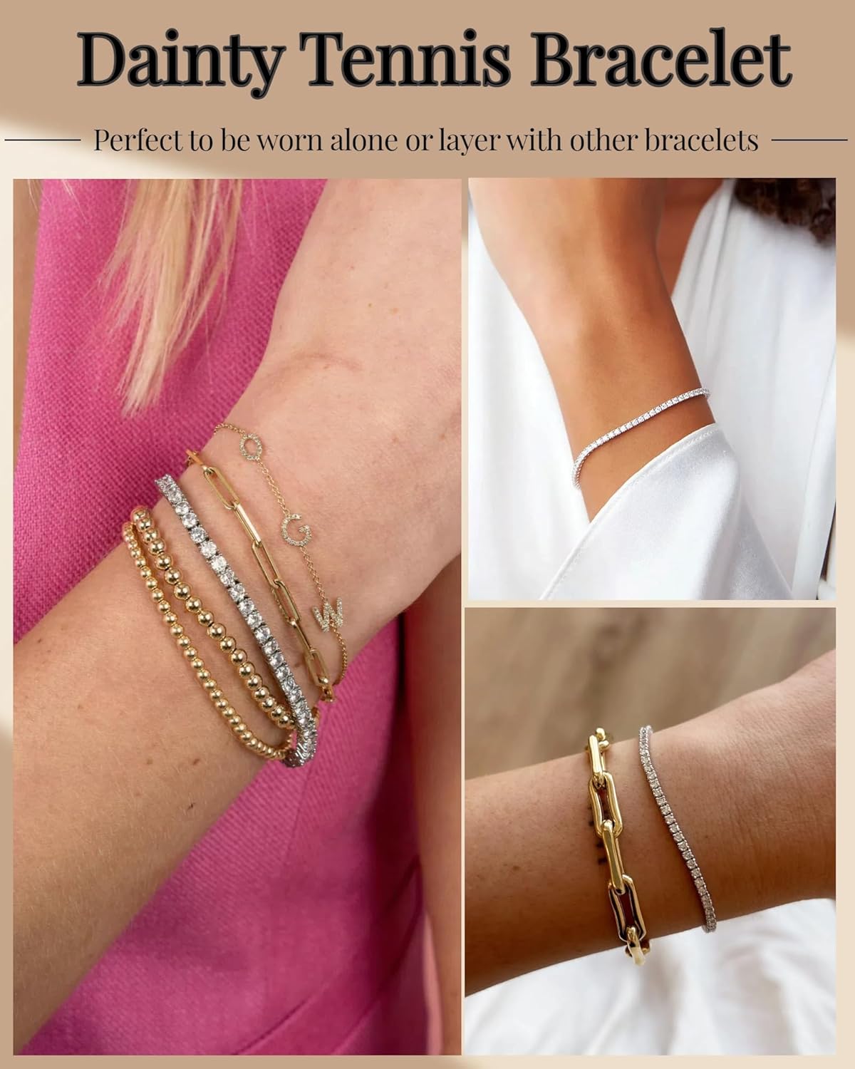 14K Gold Plated Cubic Zirconia Classic Tennis Bracelets for Women Dainty Round Oval Baguette Tennis Bracelet for Wedding Bridal Prom Jewelry Gift Size 6.5"+1" - Image 5