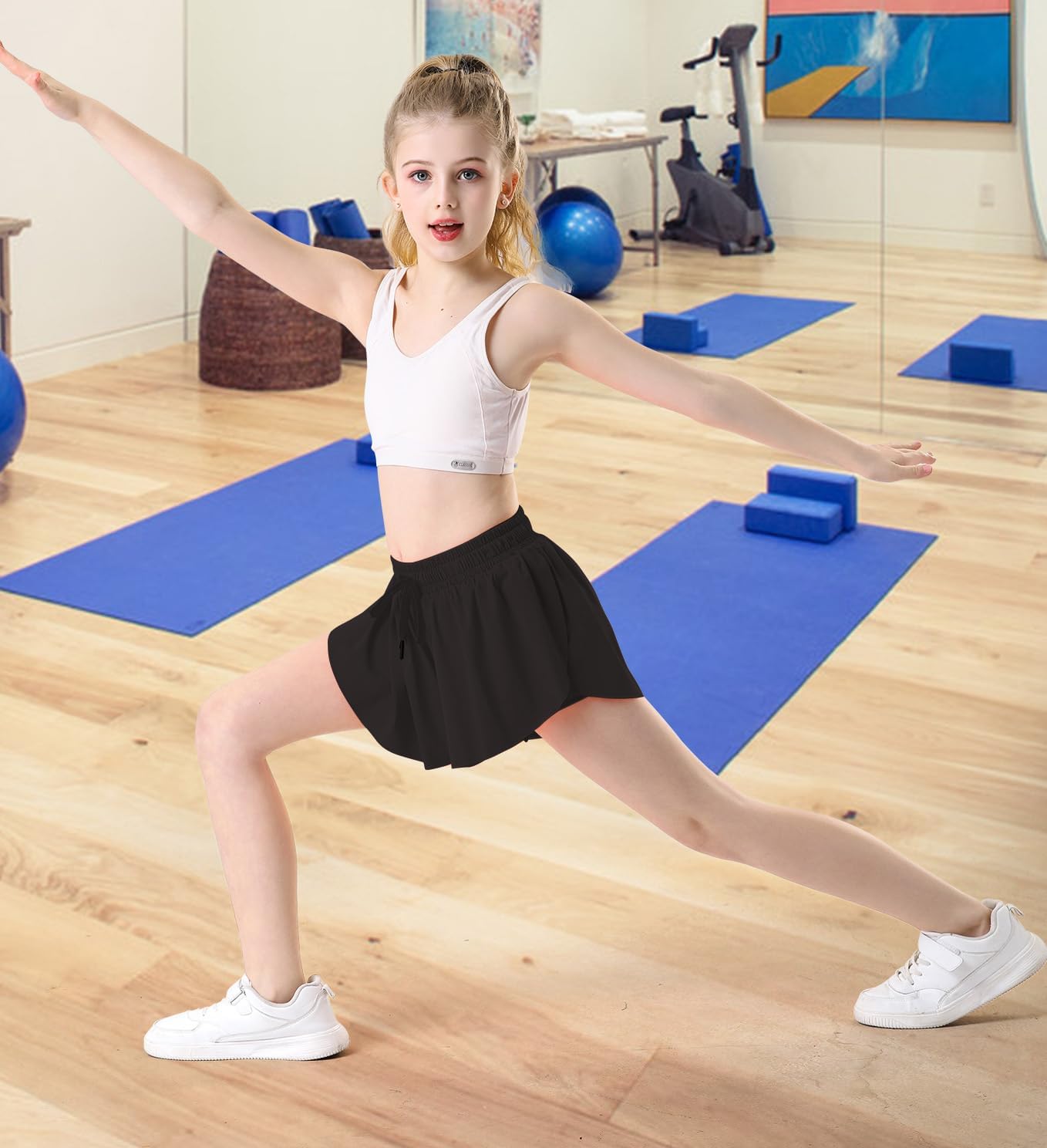 Edenfox Butterfly Shorts Girls, 2 in 1 Girls Athletic Flowy Shorts with Spandex Liner, Active Wear for Kids