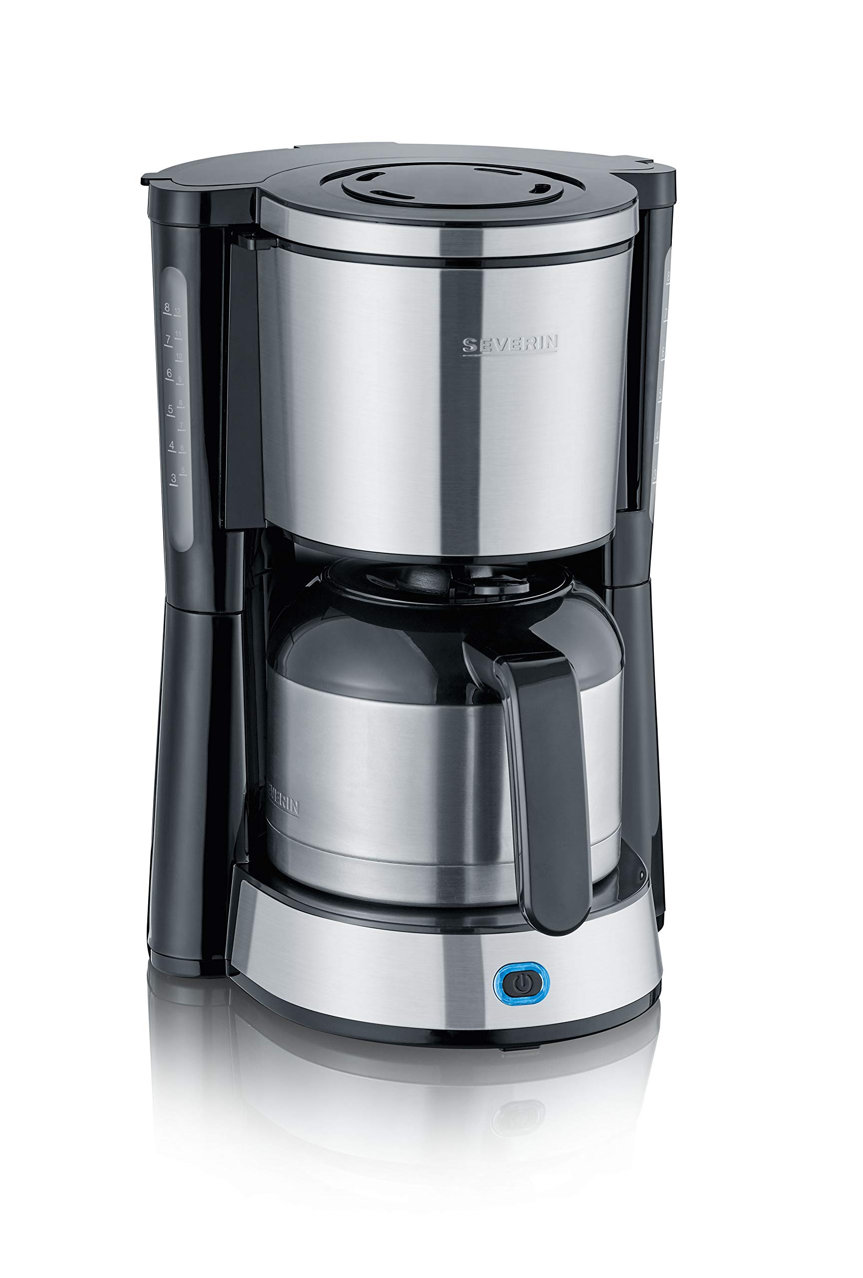 Severin Filterkaffeemaschine, Edelstahl-Thermokanne, bis zu 8 Tassen, Tropf-Stopp, Schwenkfilter, Automatische Abschaltung, leises Brühen, TYPE, 1000W, schwarz, silber, Edelstahl, KA 4847