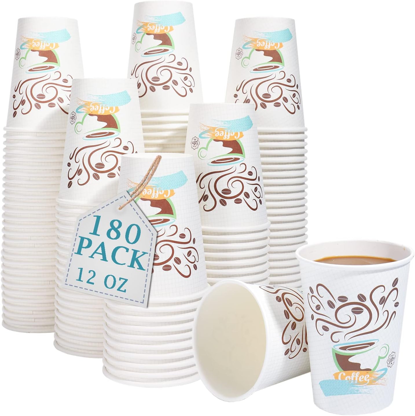 Lamosi Coffee Cups 12 OZ 180 Pack, 12 OZ Hot Cups, 12 OZ Disposable Coffee Cups