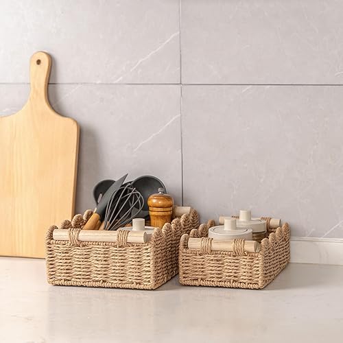 Miniatura 3 de CubesLand Canastas decorativas de cuerda de papel con borde festoneado para el hogar, sala de estar, dormitorio, cesta de inodoro para estante de