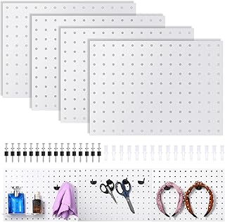 Coume 4Pcs Metal White Pegboard Wall Organizer Garage Pegboard Wall Control Panels Mounting Display DIY Pegboard Kit Wall Mount Pegboard Organizer Storage Craft Room Workbench Kitchen Office Workshop