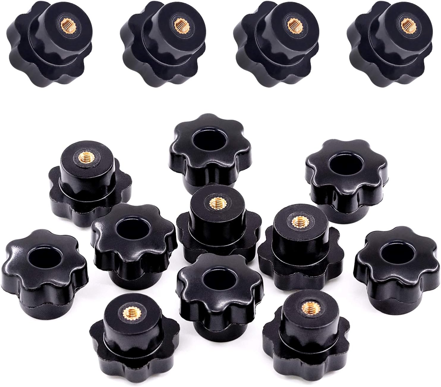 Swpeet 15Pcs M4 7 Star Through Hole Knob Female Thread Nut Clamping Knob Grip Assortment Kit, Star Shape Hand Knobs Black Plastic Screw-On Handle Clamping Knob for Mechanical Equipment (M4)