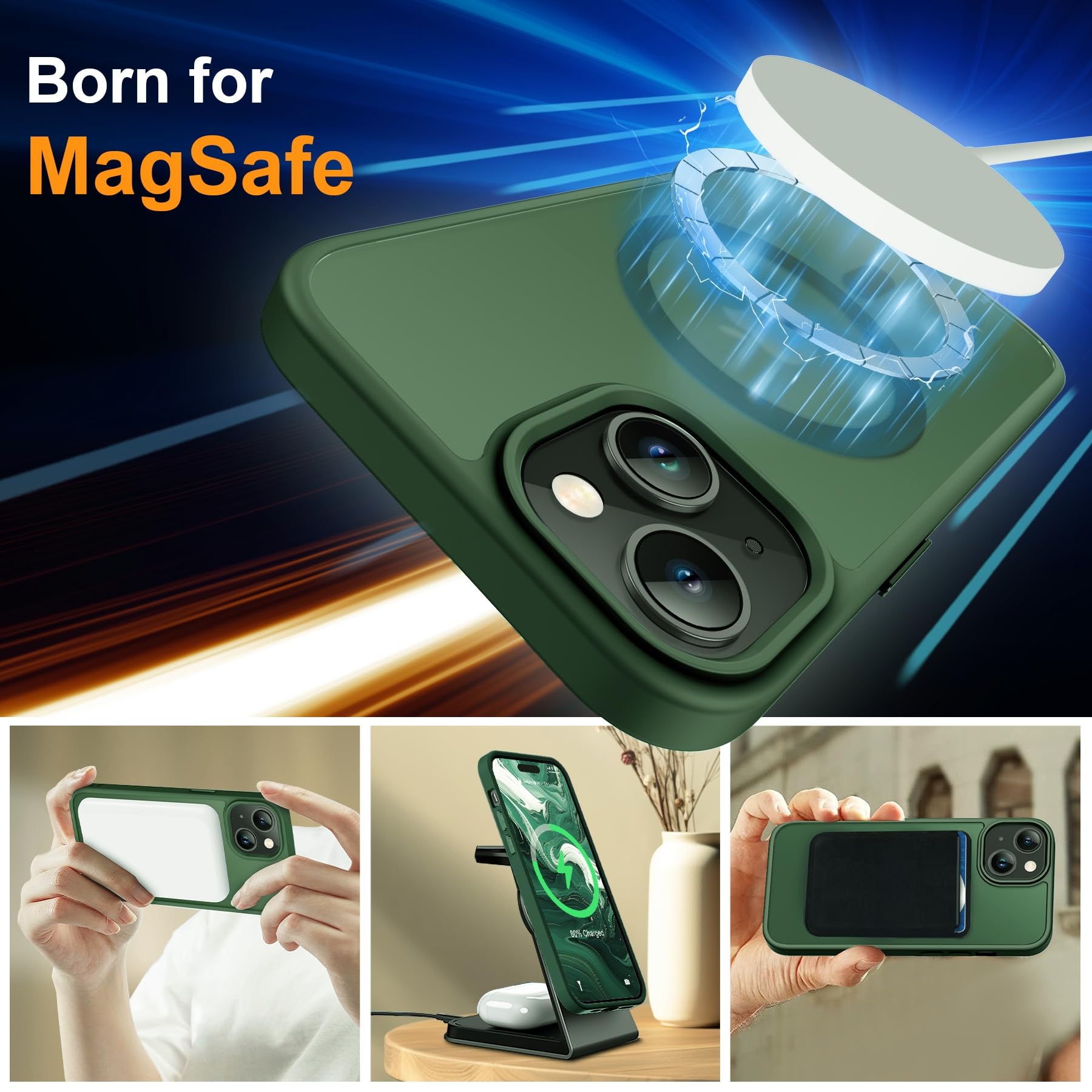 ORETECH Magnetica Opaca Cover per iPhone 14,Custodia iPhone 13 con 2X Vetro Temperato per Cellulare Protettiva Antiurto Protezione Militare Custodia per iPhone 14/13-Verde Scuro