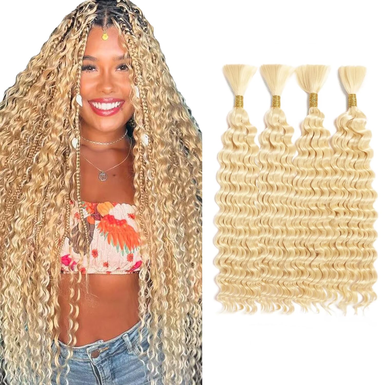 Tuheerst #613 Bleach Blonde Color Boho Braids Human Hair Extension Nice Texture 200g 4 Bundles/pack Unprocessed Deep Wave Human Braiding Hair For Women 26 26 26 26 Inch