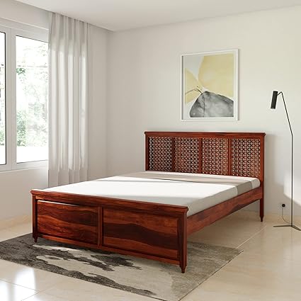 Amazon Brand - Solimo Traun Queen Size Solid Sheesham Wood Bed Without Storage (Honey Finish)