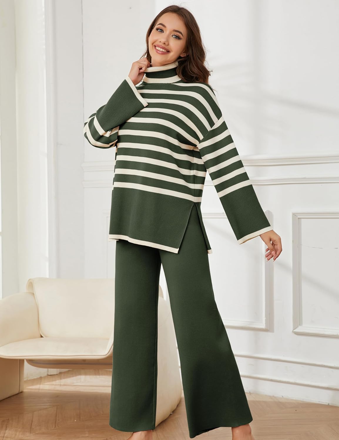 Tanming Women's Sweater Sets Long Sleeve Striped Jumper Tops Casual Knit Wide Leg Pants Sets - Image 4
